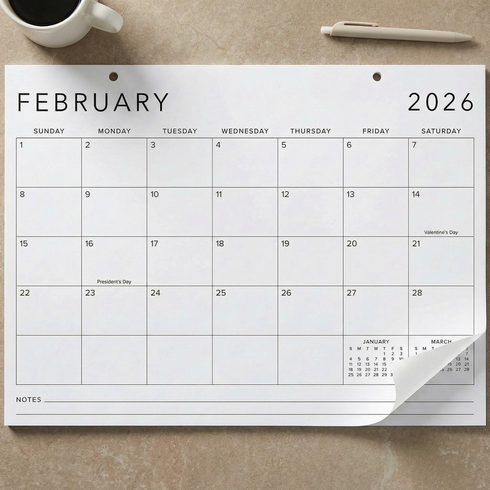 Aesthetic 2026 Desk Calendar 16″ x 12″ – Runs From January 2026 White-Black