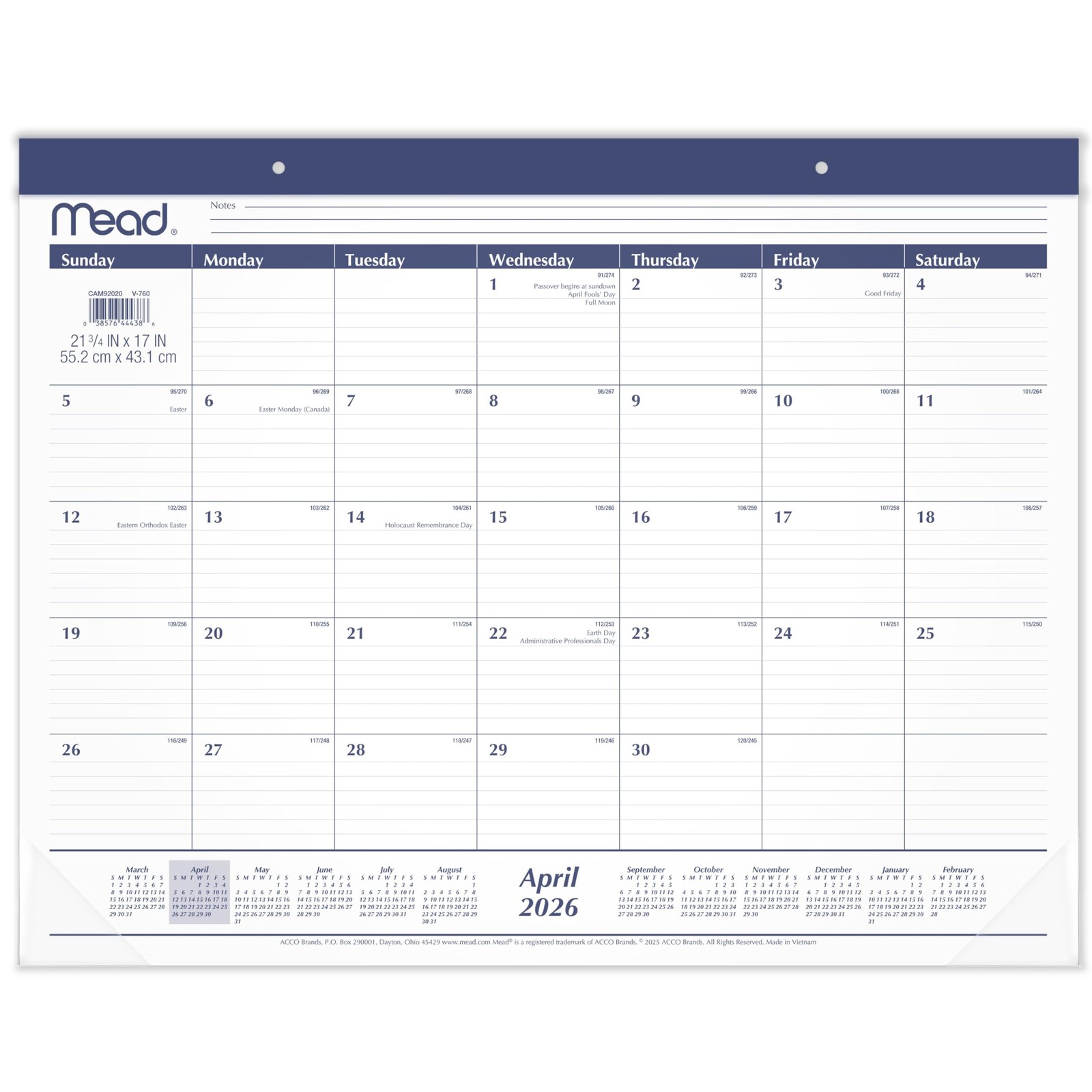 Mead Desk Calendar 2026-2027 Planning Pad, 21-3/4″W x 17″H, White/Blue