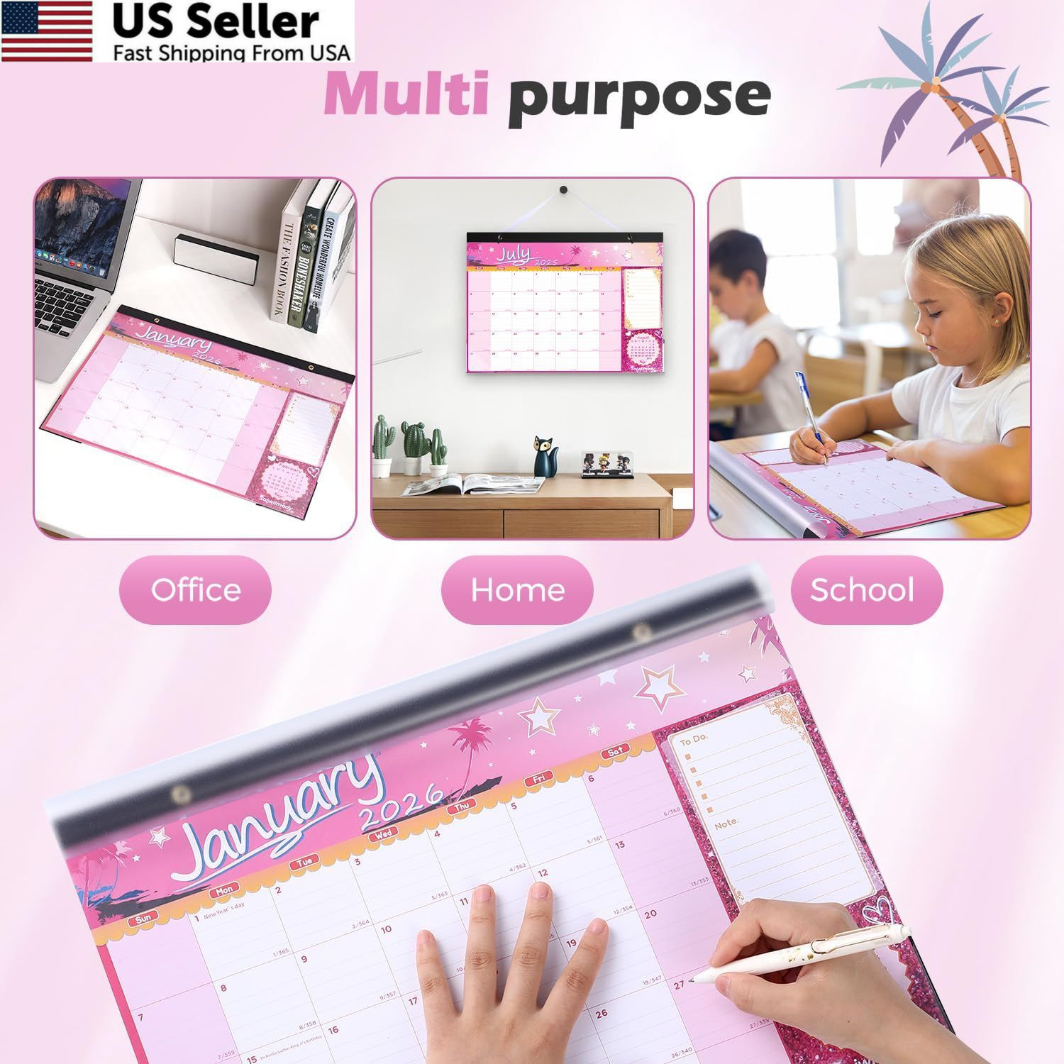 Desk Calendar 2026 with Clear Waterproof Cover 17 x 12 17 x 12 inch, Pink