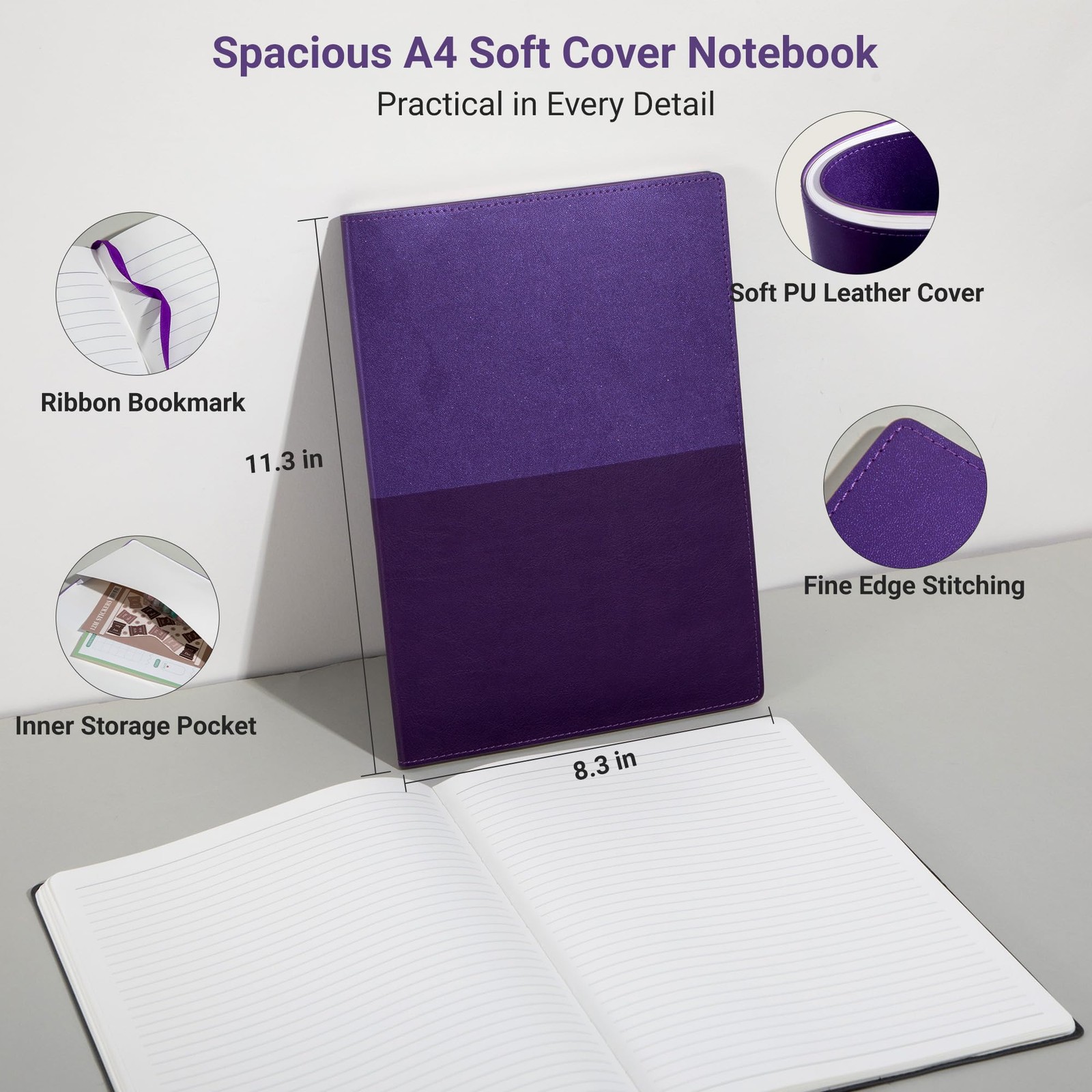 College Ruled Notebook, A4 Color-Block Softcover PU Leather Notebook for Work…