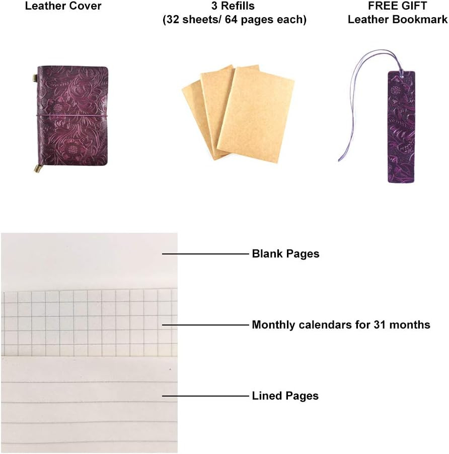 Refillable Leather Journal, Handmade Purple Leather Notebook with Bookmark for M
