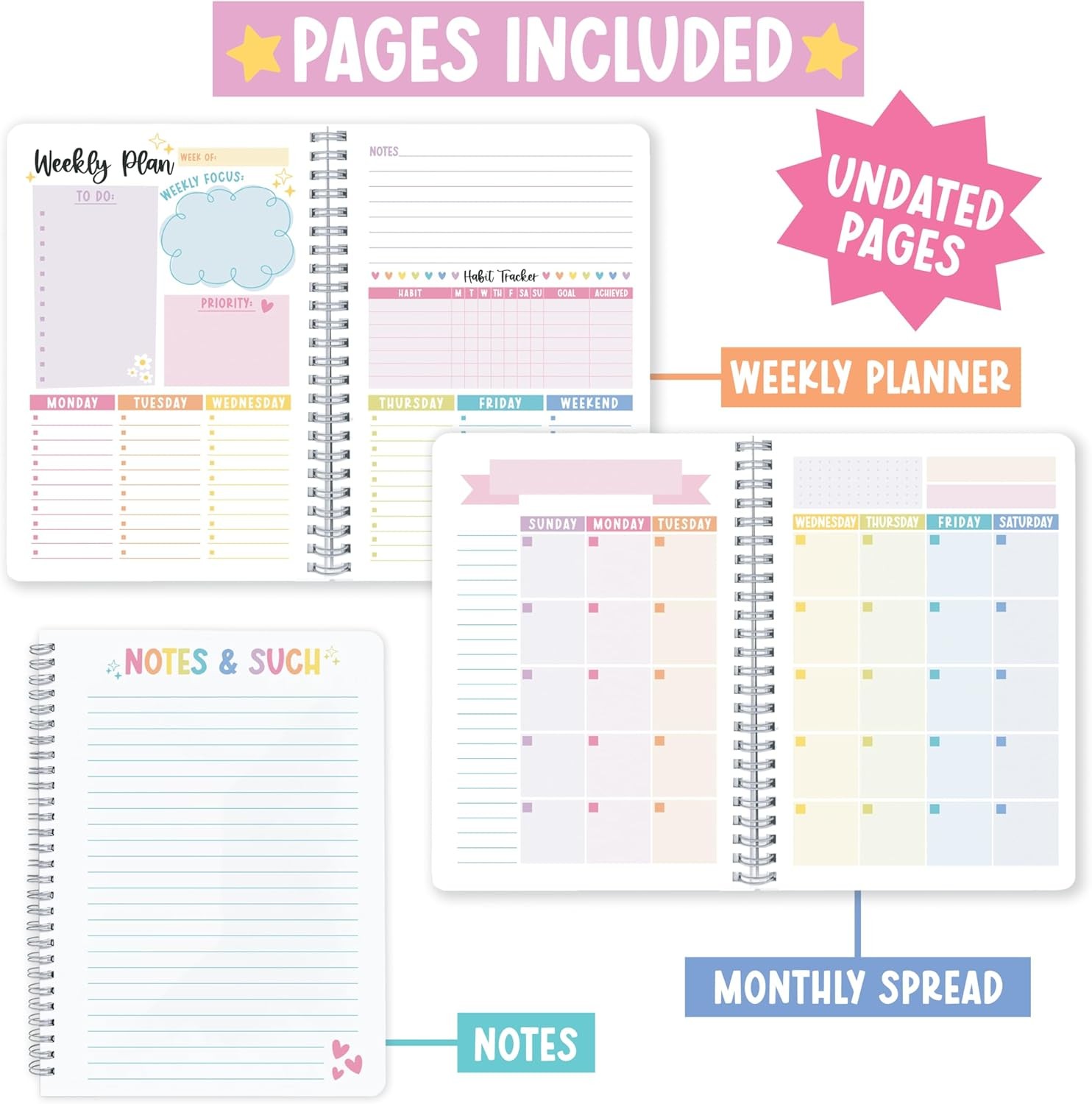 Undated Planner Weekly and Monthly – Spiral Undated Weekly Planner for Kids & Ad
