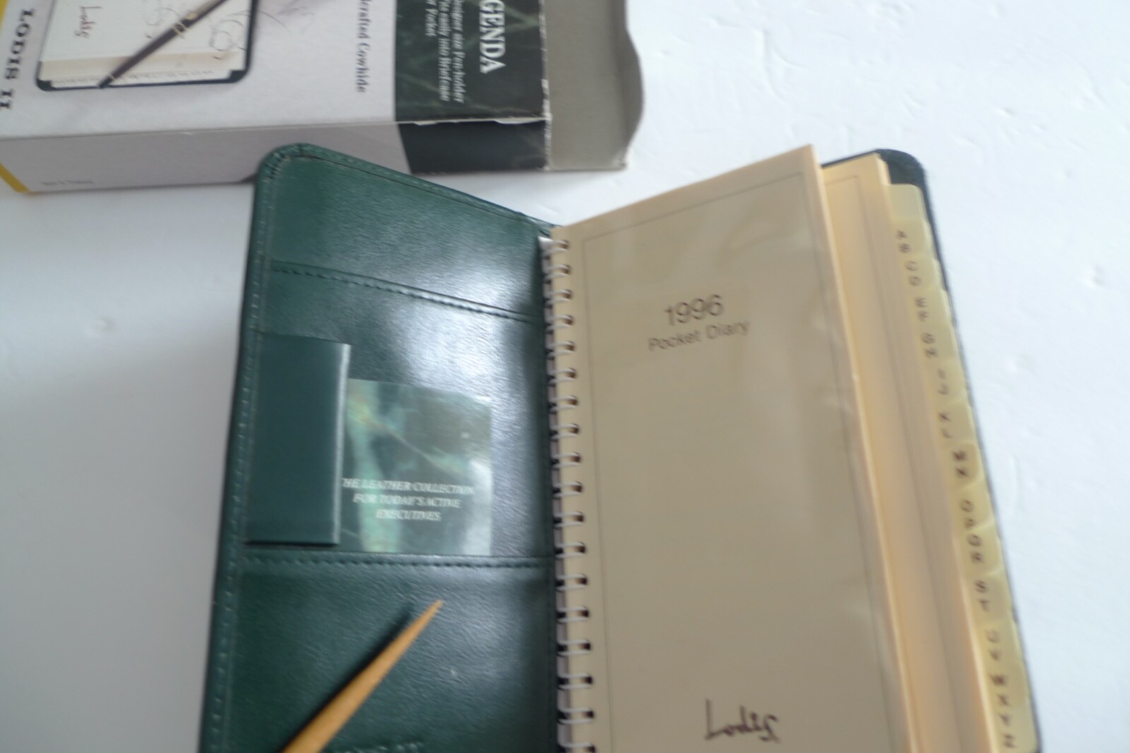 LODIS- LEATHER POCKET AGENDA- NEW OLD 1996 STOCK- IN PACKAGE-GREEN LEATHER