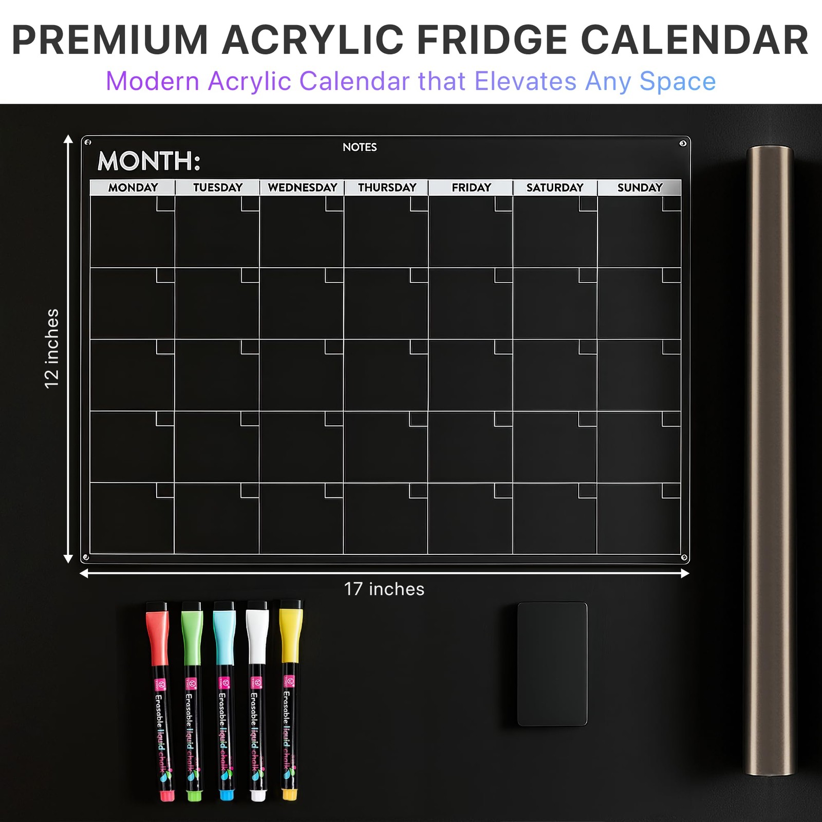 Fridge Calendar Acrylic 17×12”, Start Monday | Magnetic 17″ x 12″, Clear