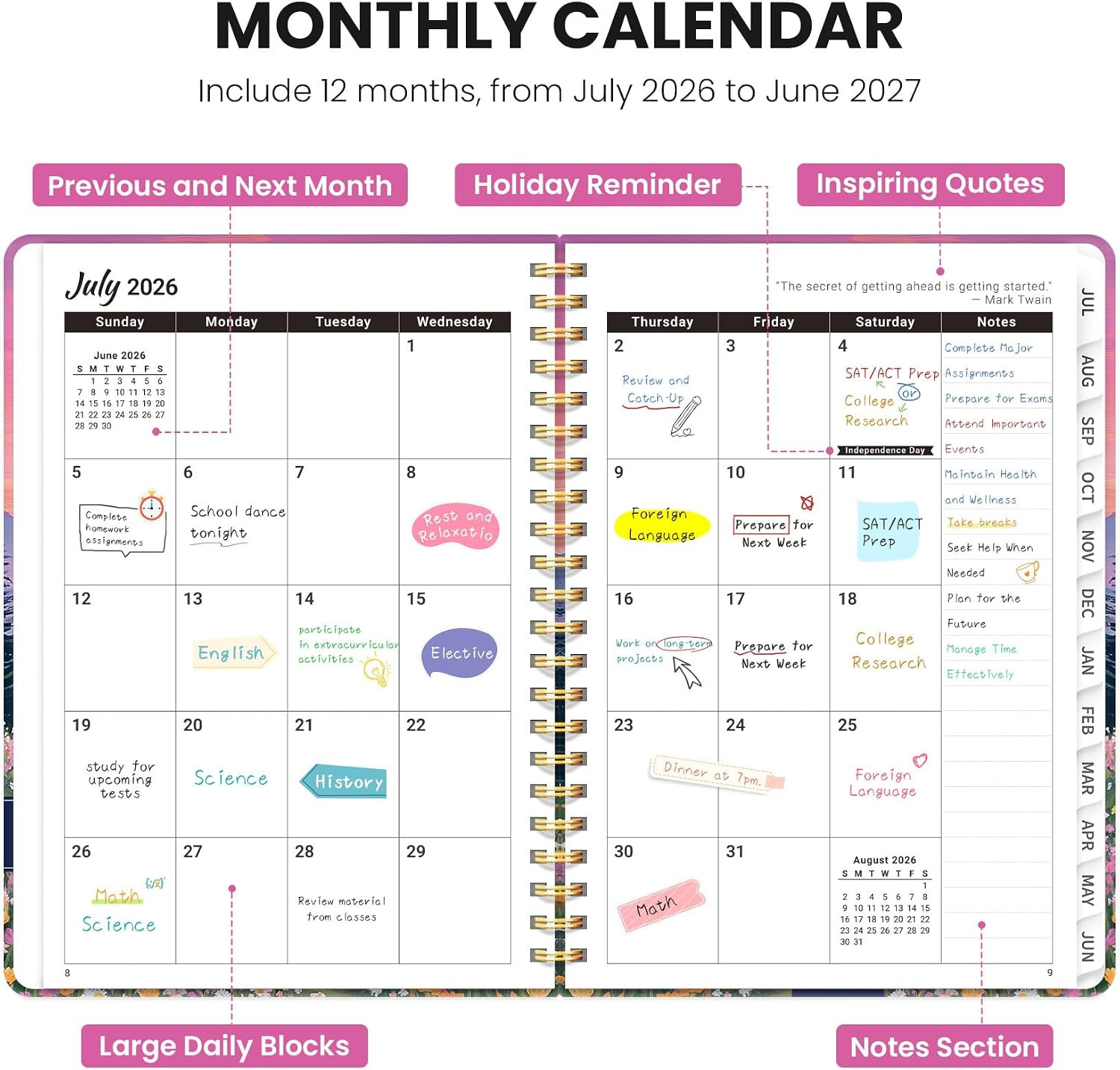Planner 2026-2027, Hardcover Monthly and Weekly Academic Planner July 2026 – Jun