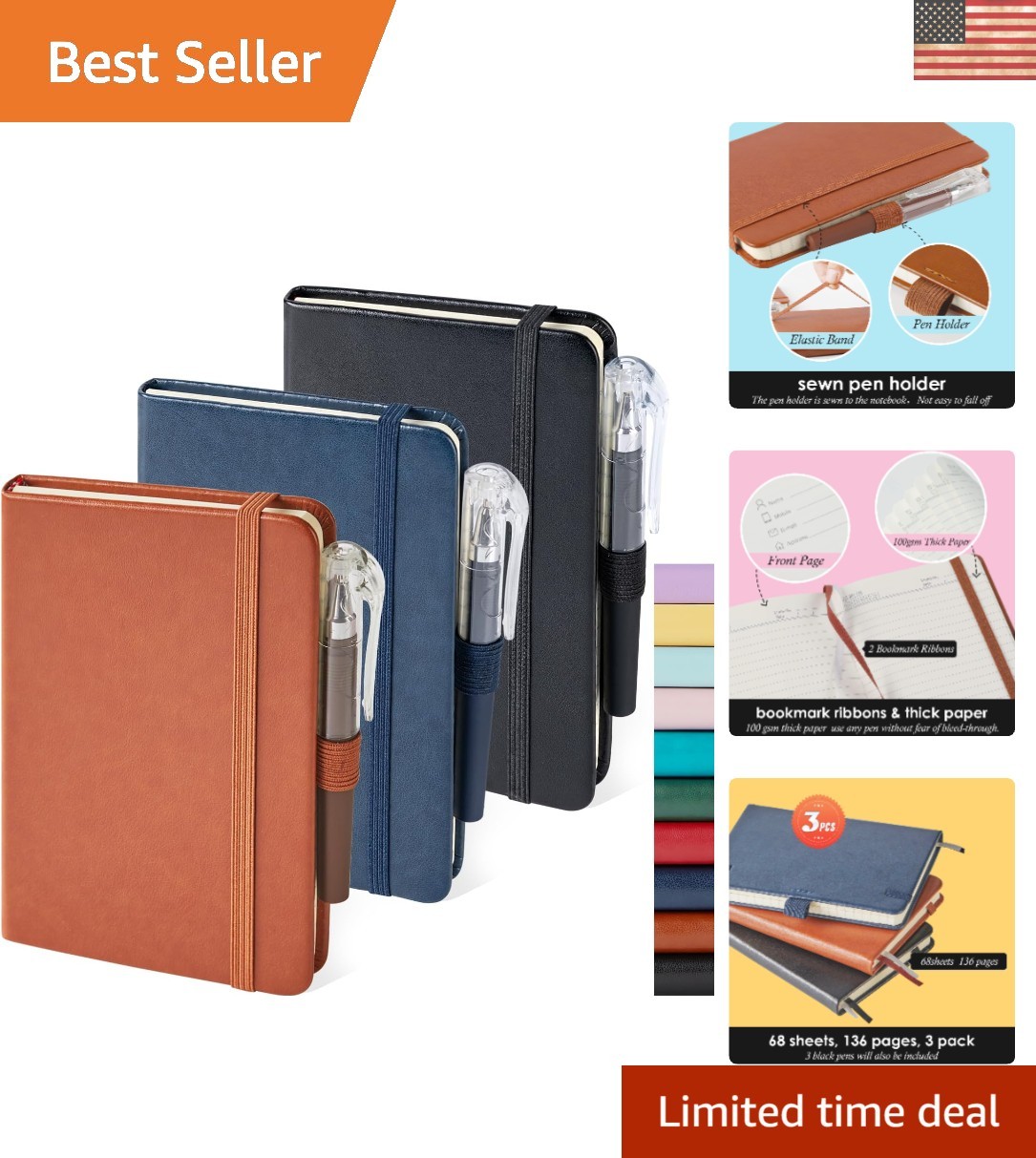 3-Pack Leather Pocket Notebooks: A6 Mini Journals with Pen Holder & 408 Pages
