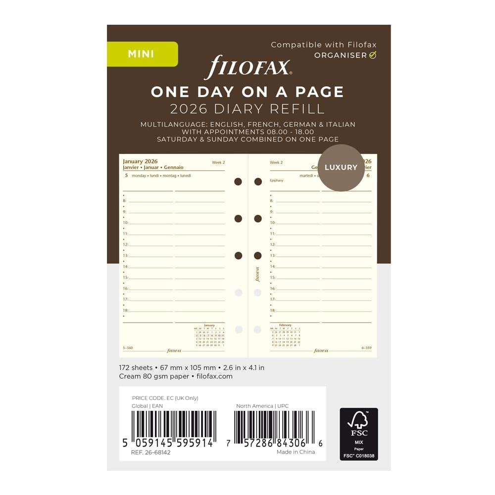 Calendar Diary Refill Mini Size Day One Page Appointments 2026 C68142-26 Paper