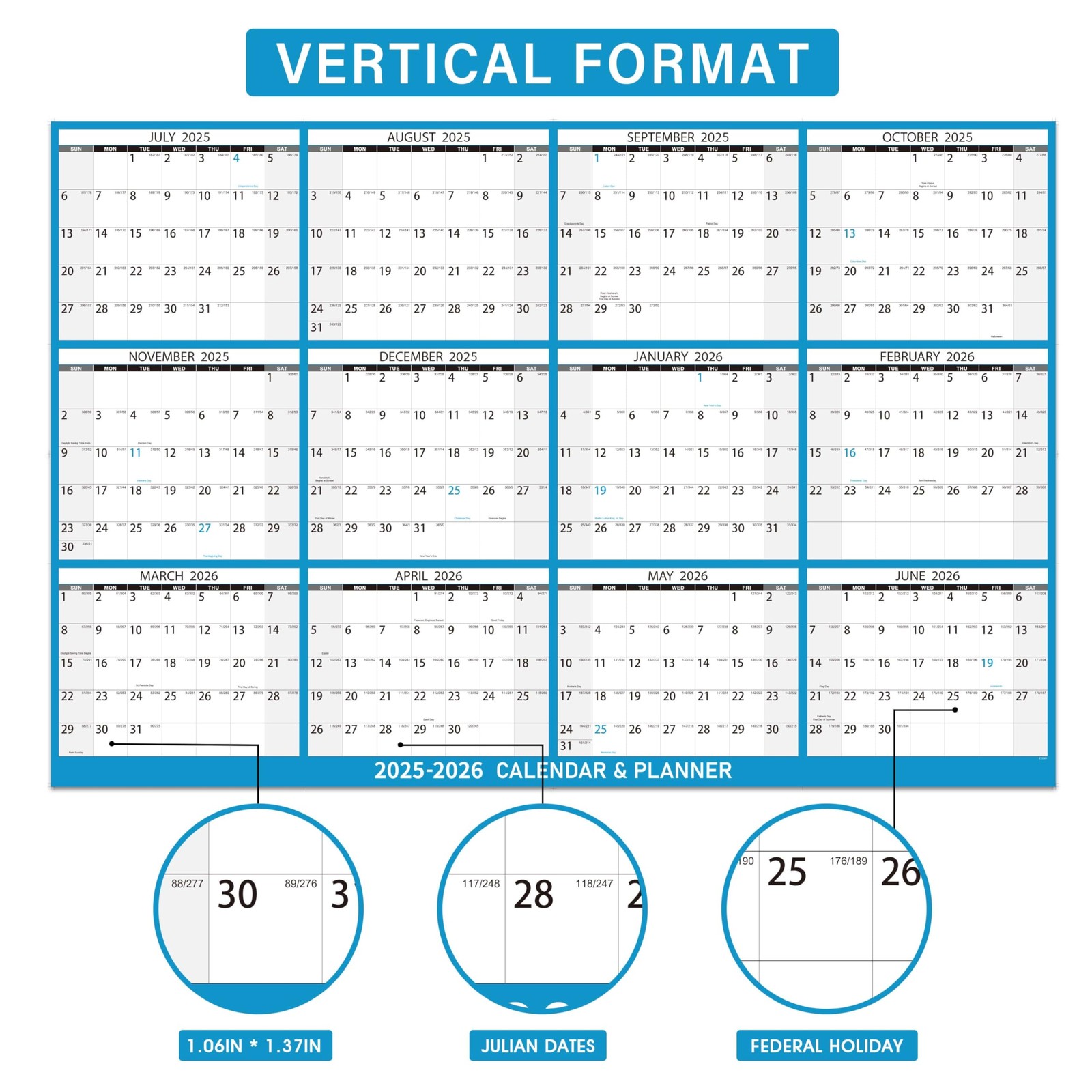 2025-2026 Yearly Wall Calendar – Large Dry Erase for Blue-25-26
