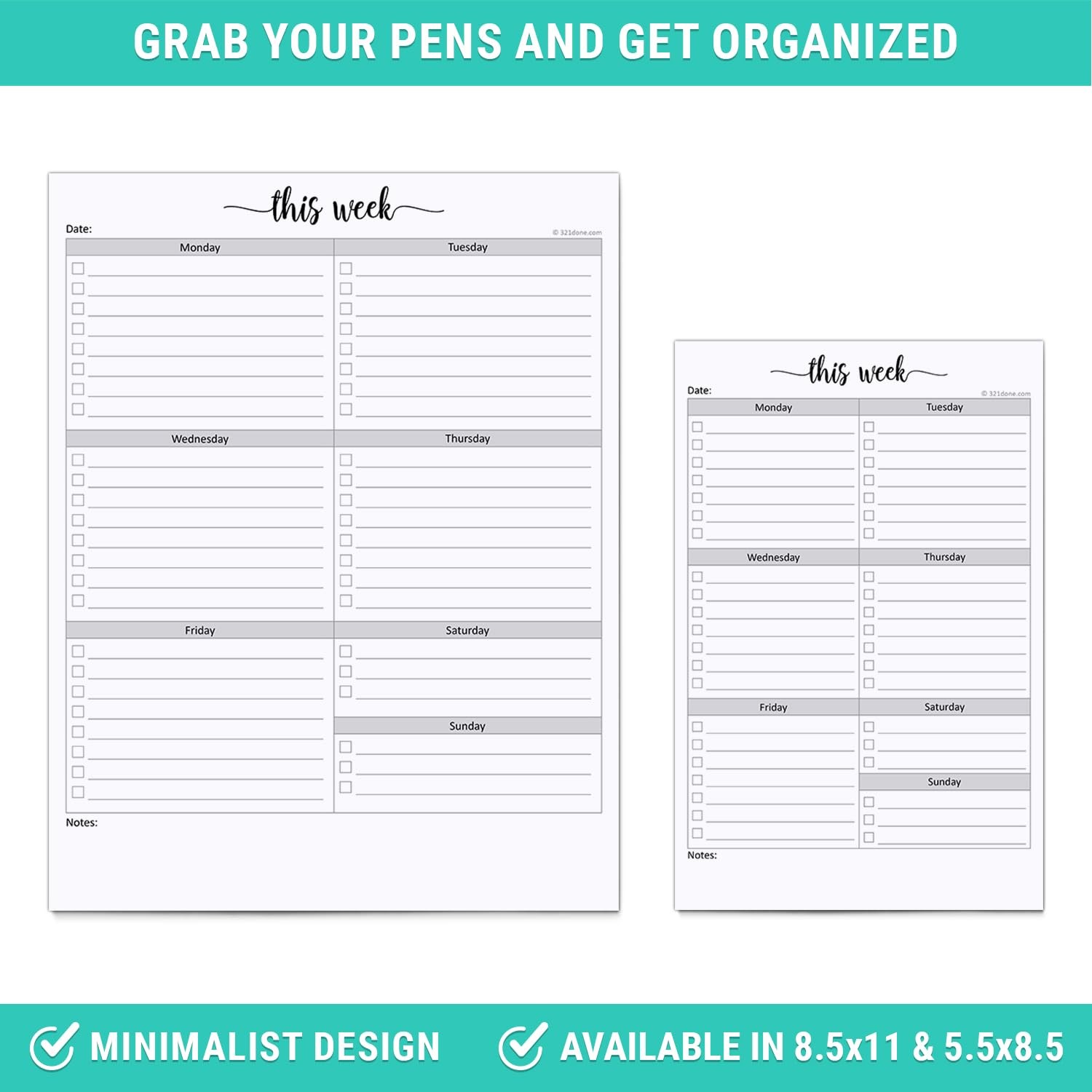 321Done Weekly Checklist Notepad, 8.5×11 Letter Size (8.5″ x 11″), Checklists