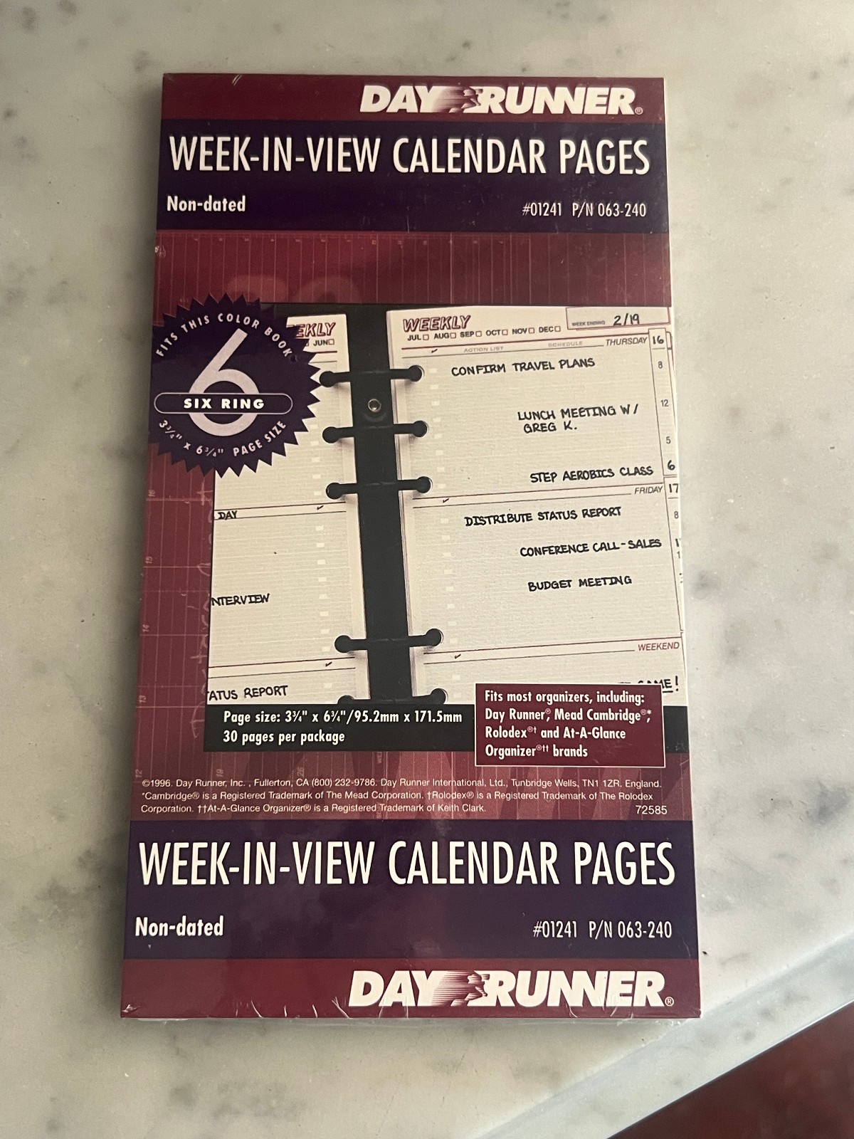 Day Runner Week in View 30 Calendar Pages with 6 Ring 3 3/4″ x 6 3/4″ 1996