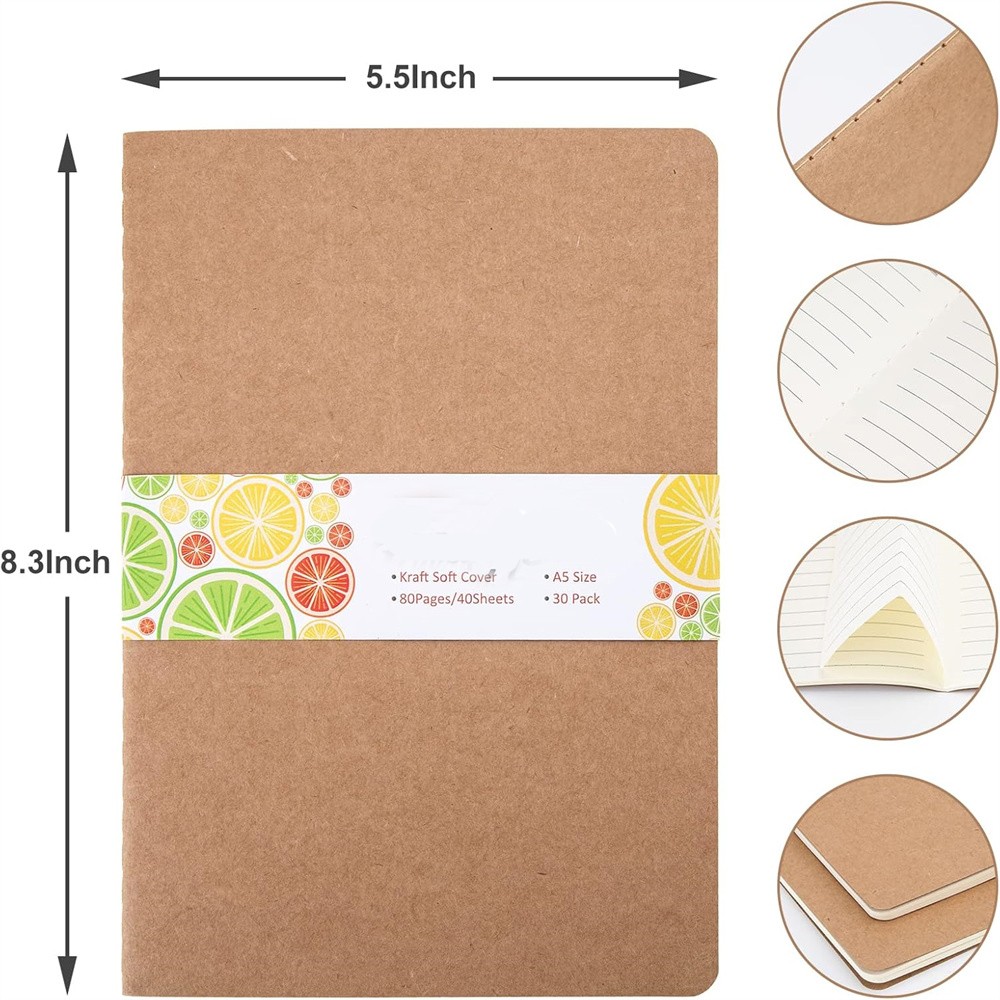 30Pack A5 Blank Notebook Bulk Lined Kraft 80 Page Paper Journal School 8.3×5.5in