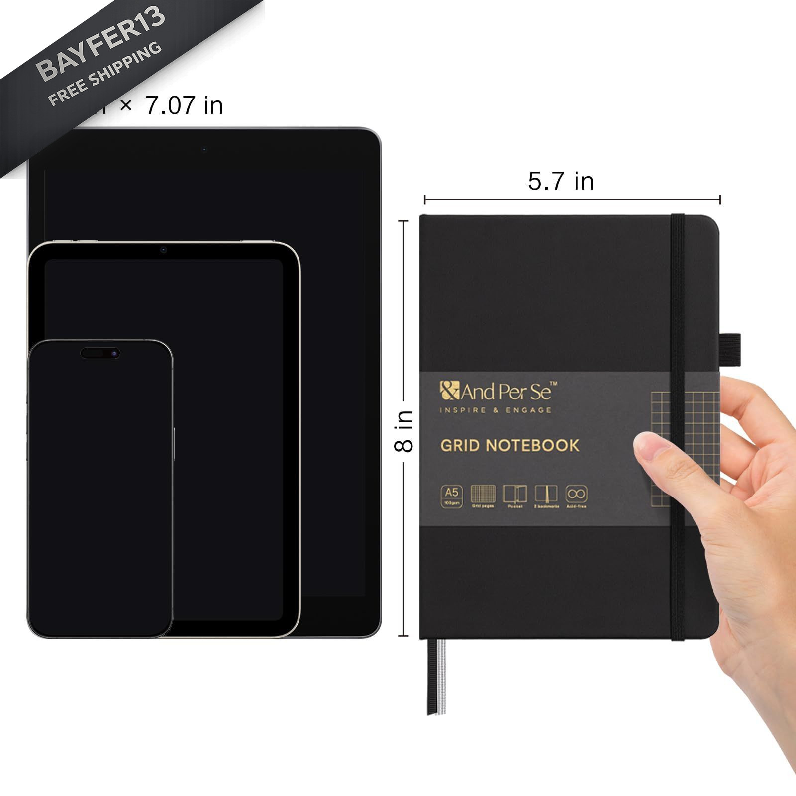 &And Per Se Graph Journal Notebook, 160 Pages, A5 5.7 x 8 inches 100 Black