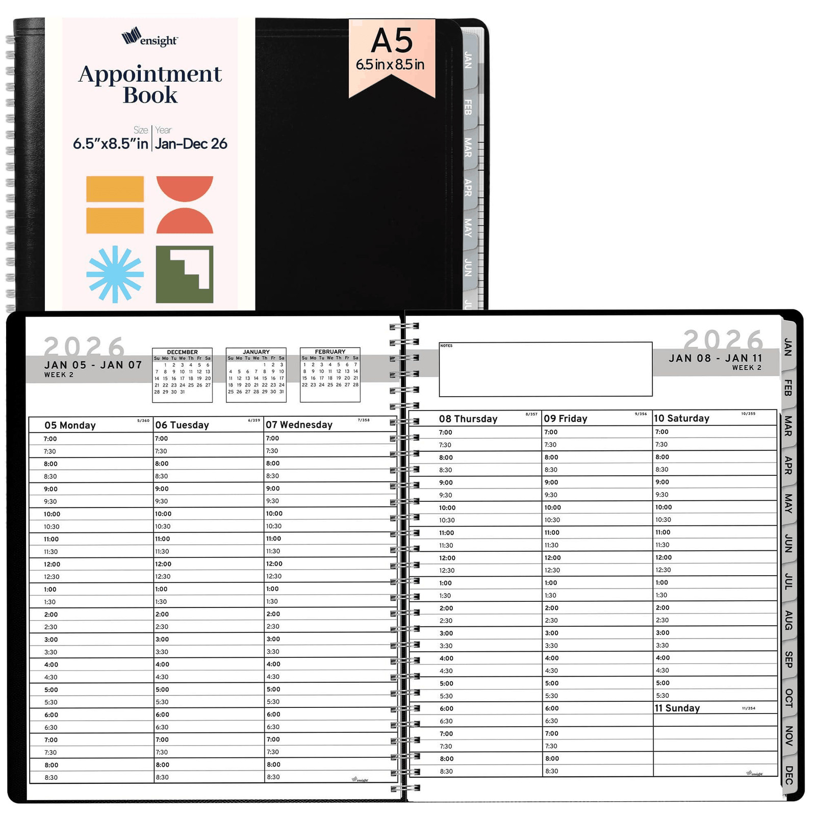 2026 Appointment Book & Planner 6.5 x 8.5 inches Large Tabbed Daily Hourly