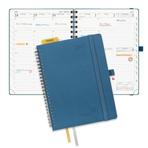 Weekly Monthly Planner 2027 6.5 x 8.5 Hourly Time Slots Spiral Leather Cover