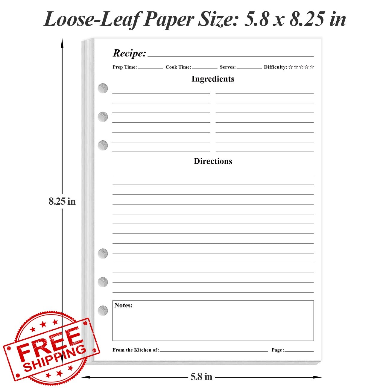 Yaridar A5 6-Hole Recipe Paper Refills 5.8×8.5