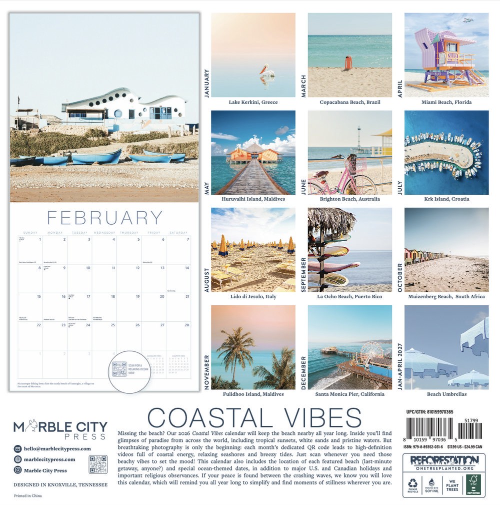 Beach Calendar 2026 | 12″ x 24″ 12 Month Calendar | Marble City Press