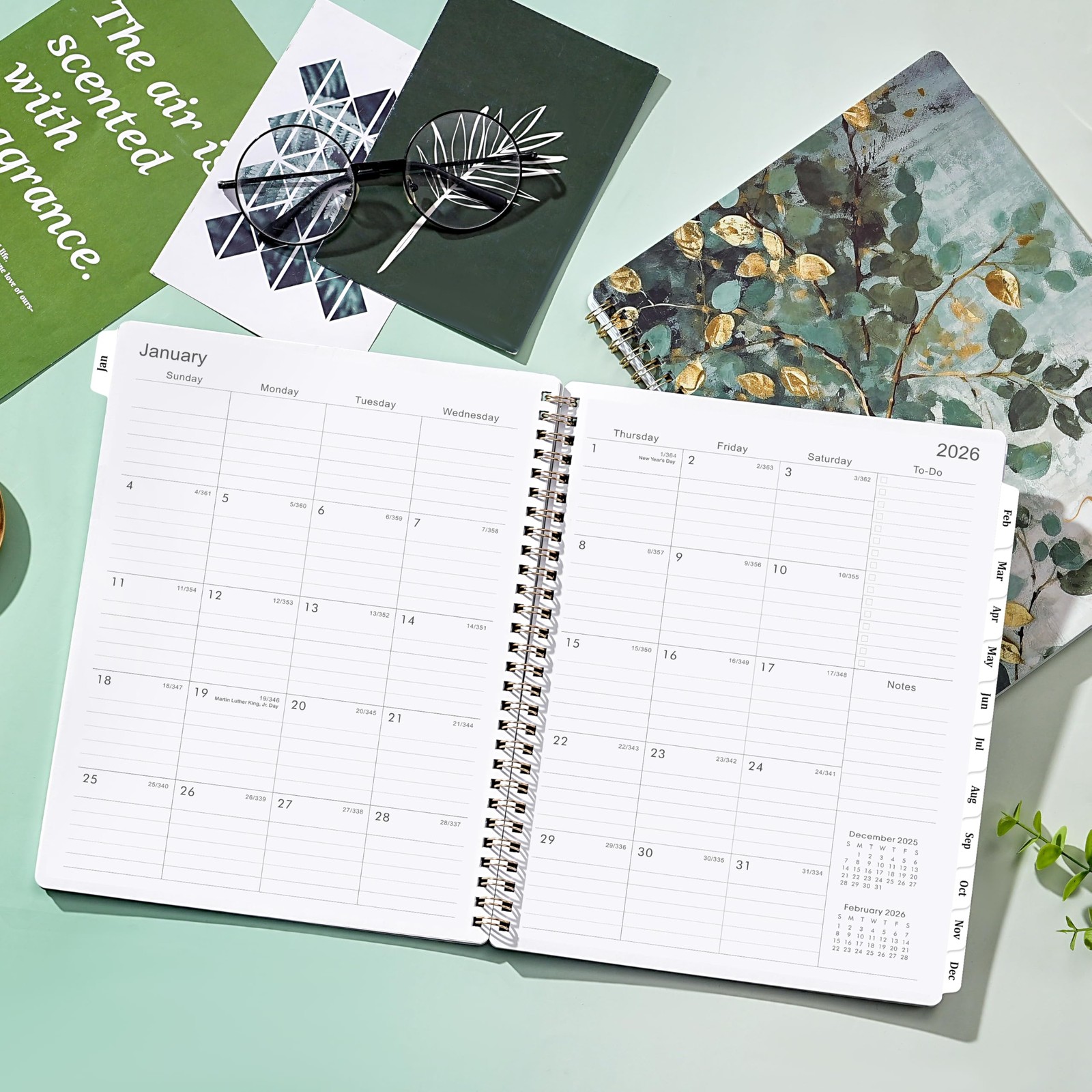 2026 Weekly & Monthly Planner, 9″x11″, Jan-Dec, Tabs, Pocket, Twin-wire Binding