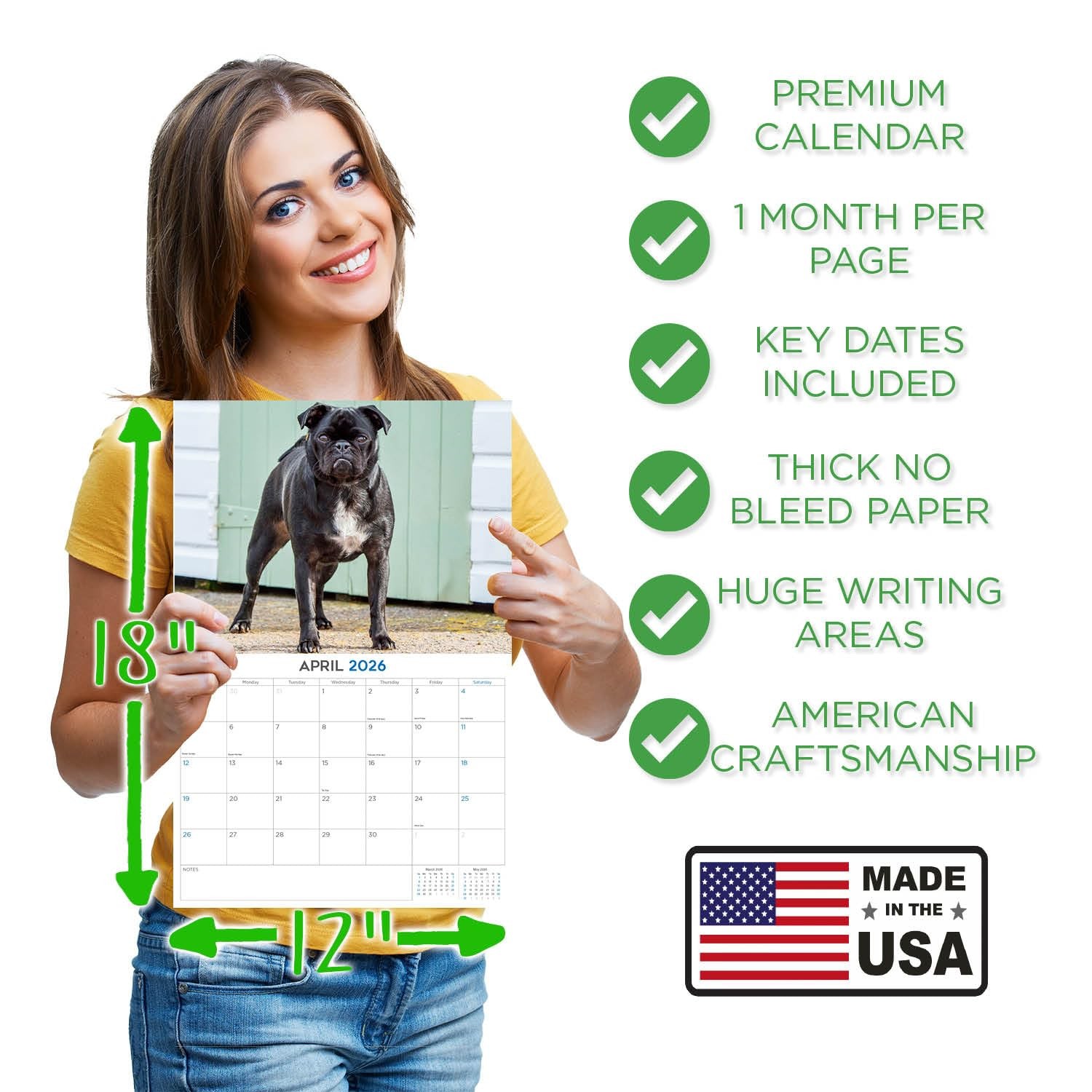 2025 2026 Pug Calendar – Dog Breed Monthly Wall – 12″ x 9″,
