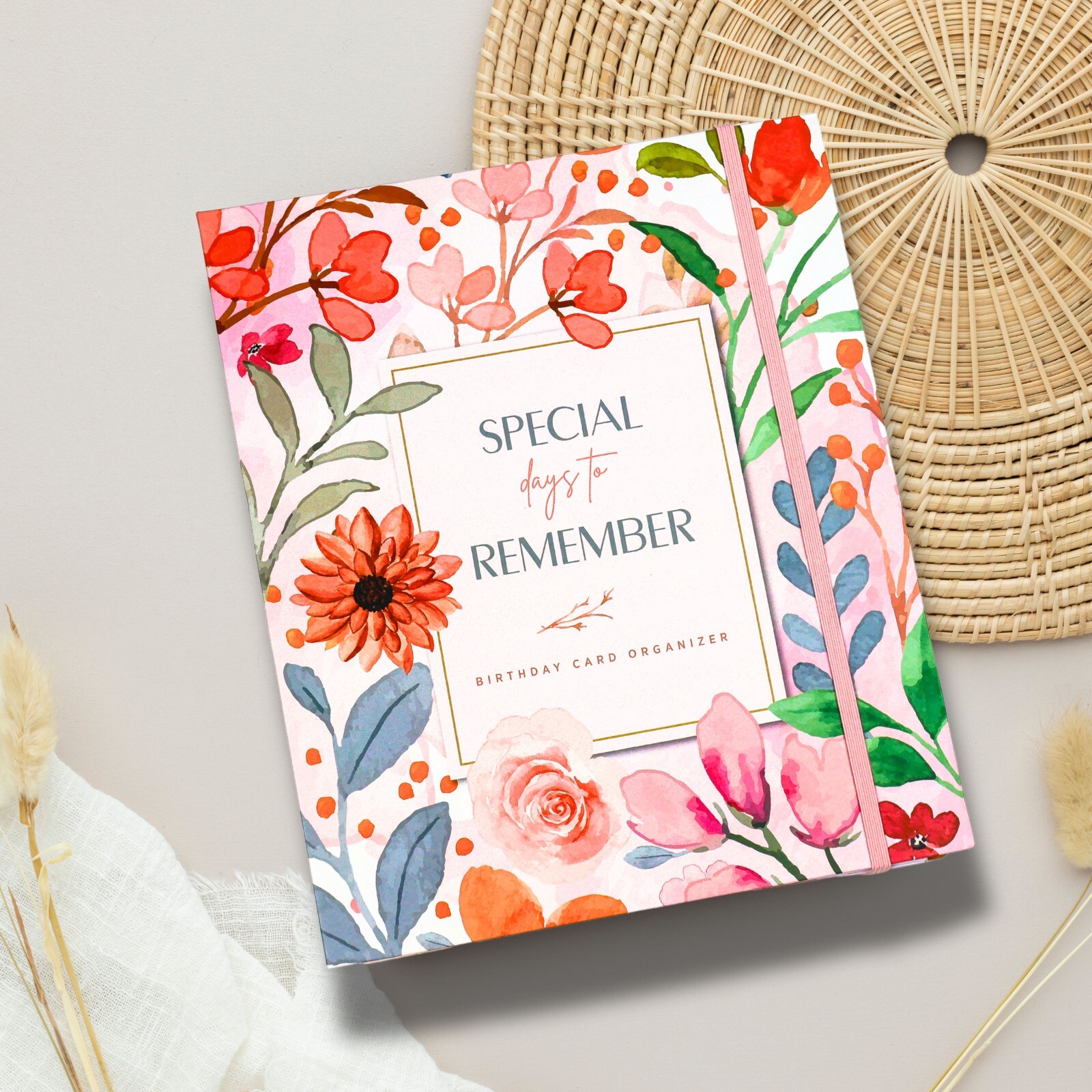 Greeting Card Organizer with Pockets – Floral Birthday Calendar Book Hardcover