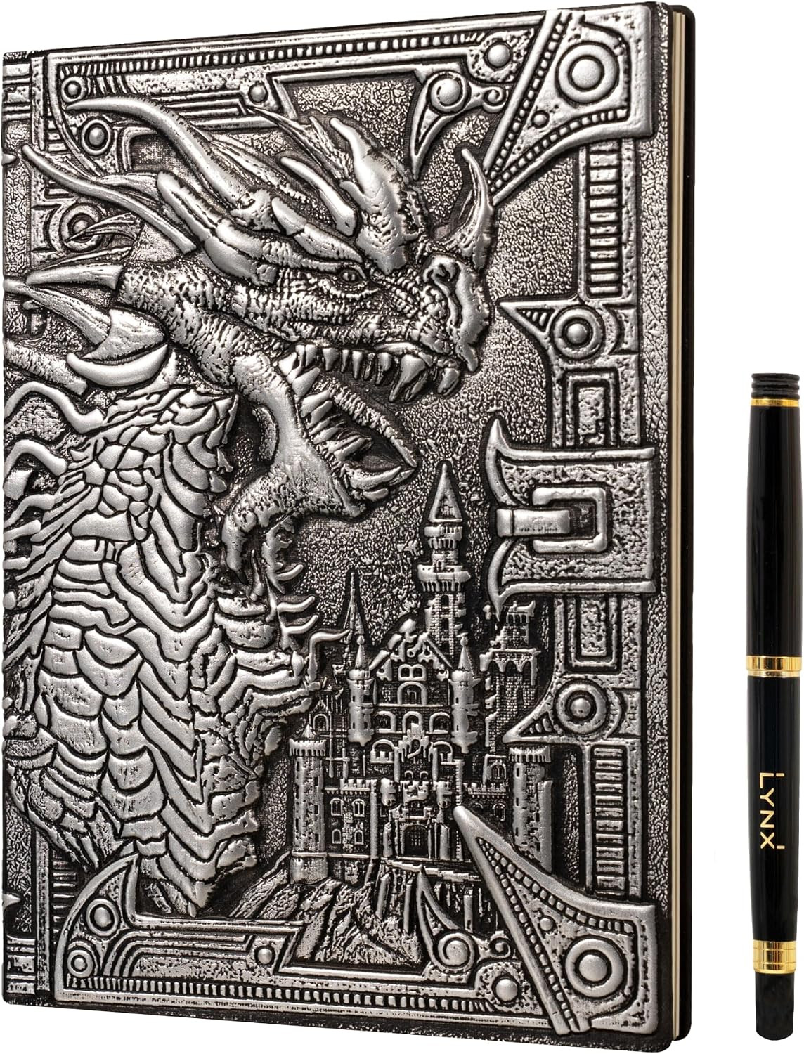 DND Notebook / Journal, Unique 200 Page Book with 3D Silver Dragon Embossed Faux