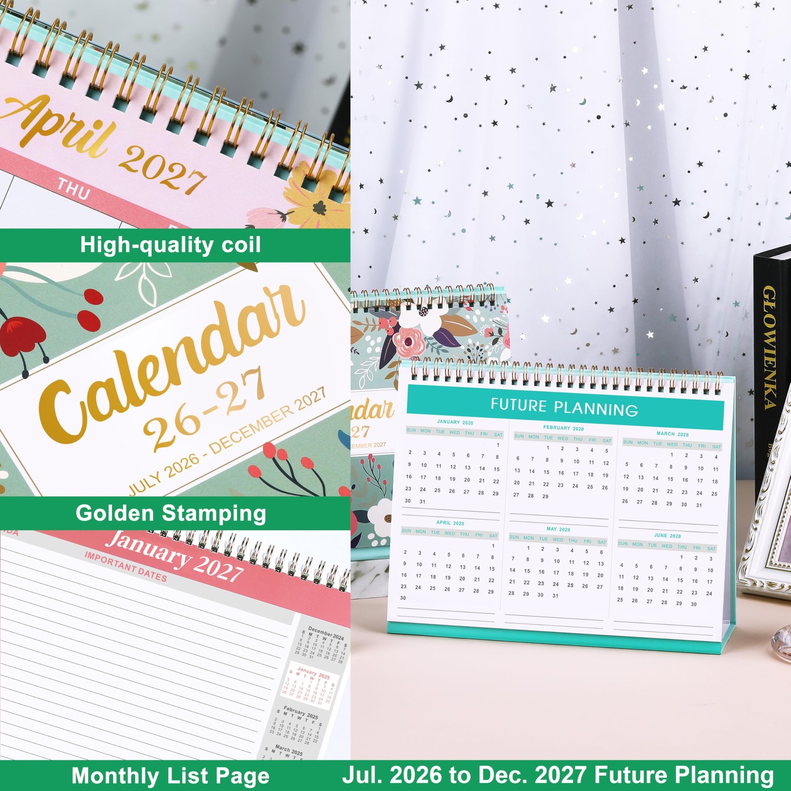 Desk Calendar 2026-2027 – Standing Flip Desktop with green