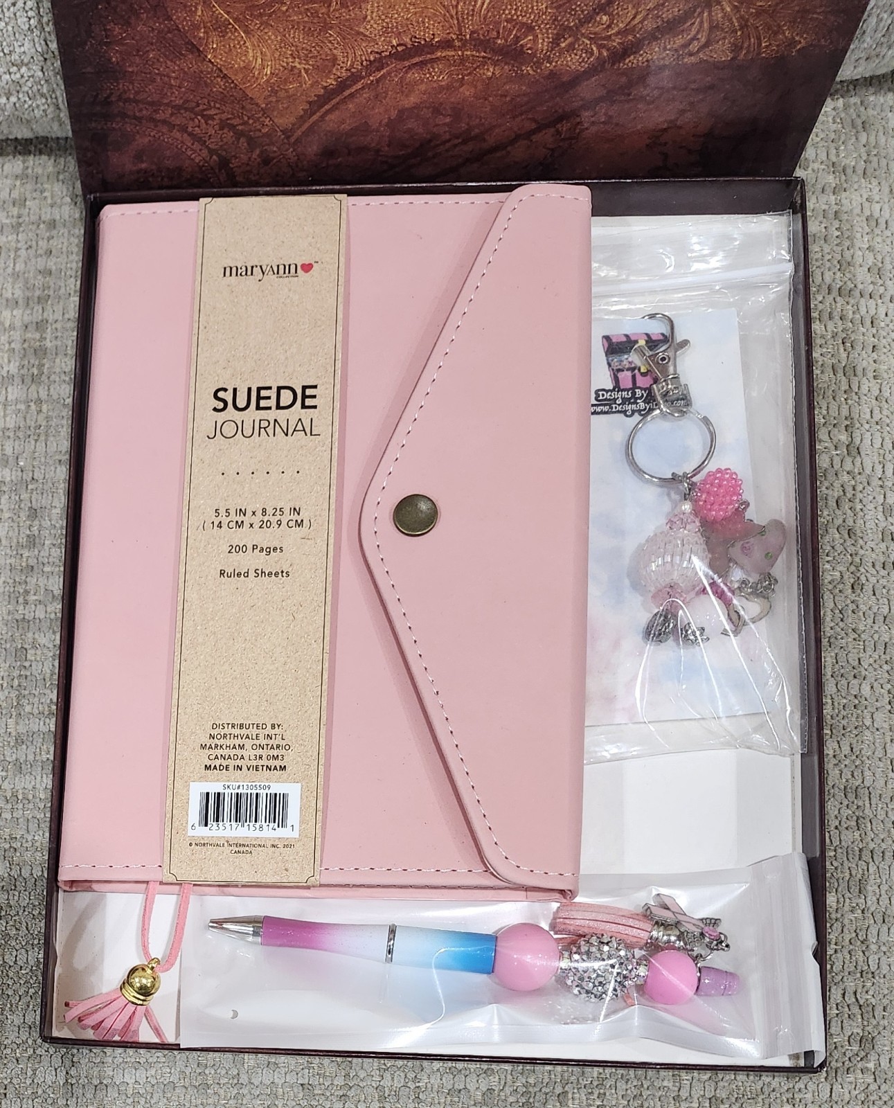 Cancer Awareness Beaded Ribbon Charm Pen & Purse Jewelry + Pink Suede Journal