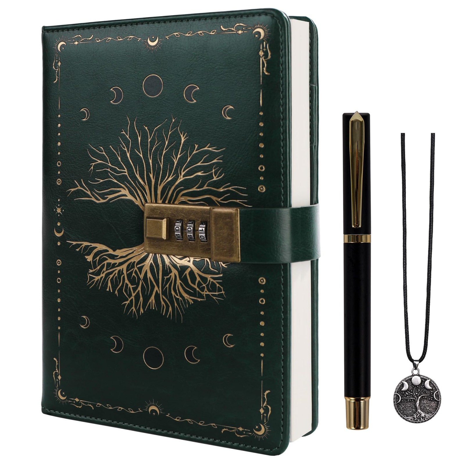 TIEFOSSI Diary with Lock, Tree of Life Vintage Journal Lock A5, Green