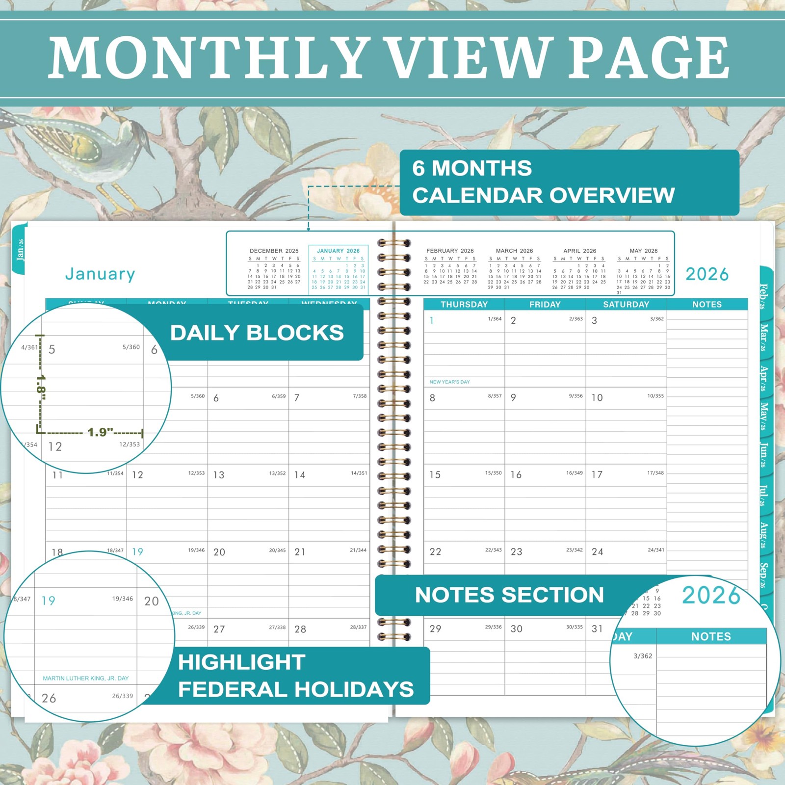 2026 Calendar Planner, Twin Wire Binding, 9×11 Inch, Notes Pages, Green