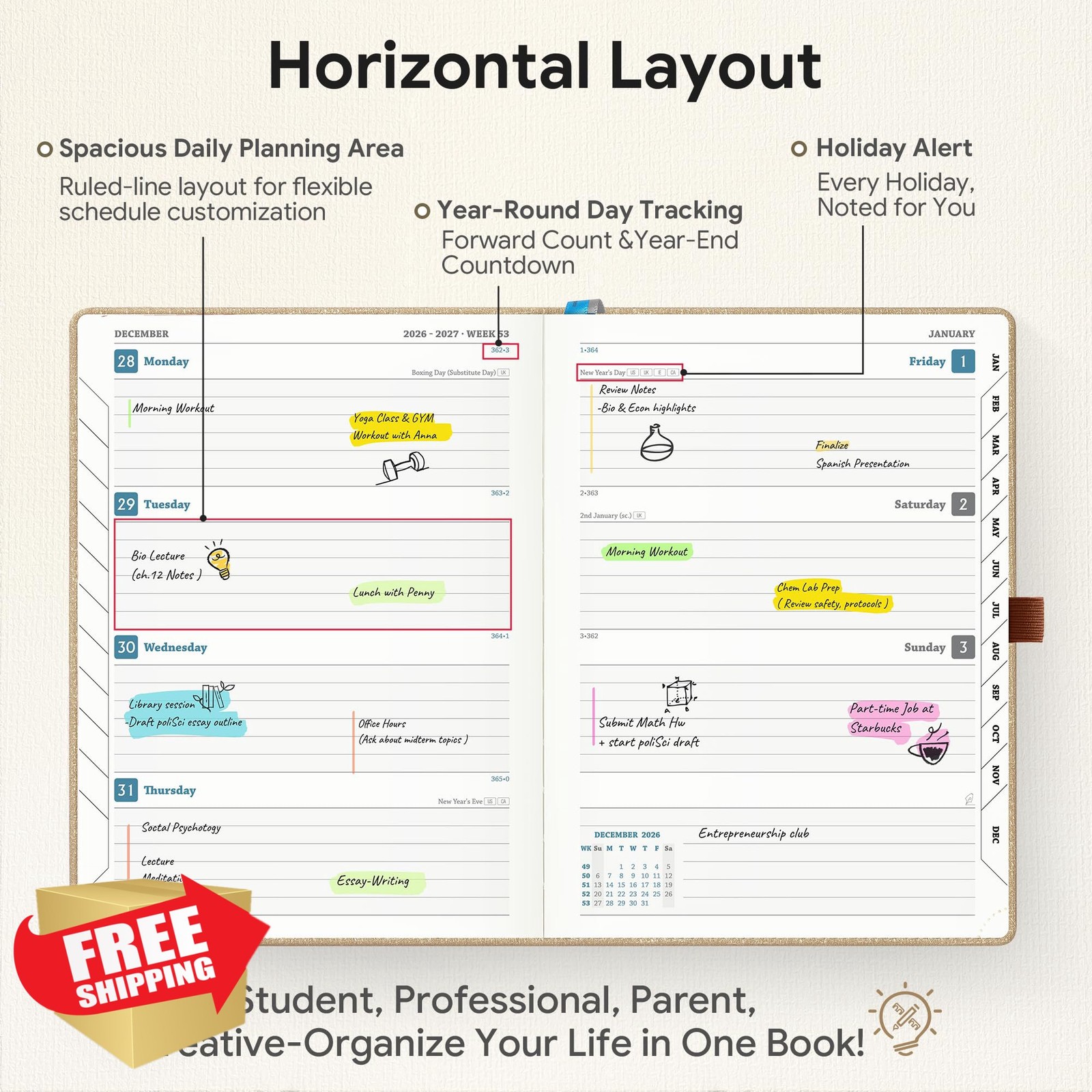 IN-LUXPRO Planner 2026-2027 Khaki Medium-6.5″ x 8.5″ Horizontal
