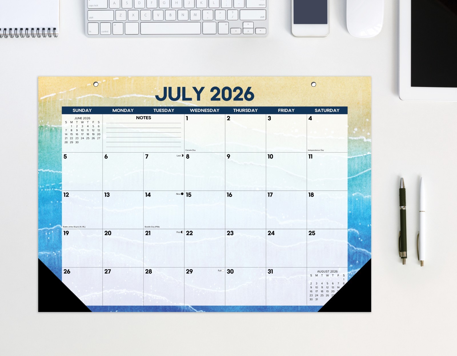 Beaches Academic Year July 2026-June 2027 17″x12″ Small Monthly Deskpad Calendar