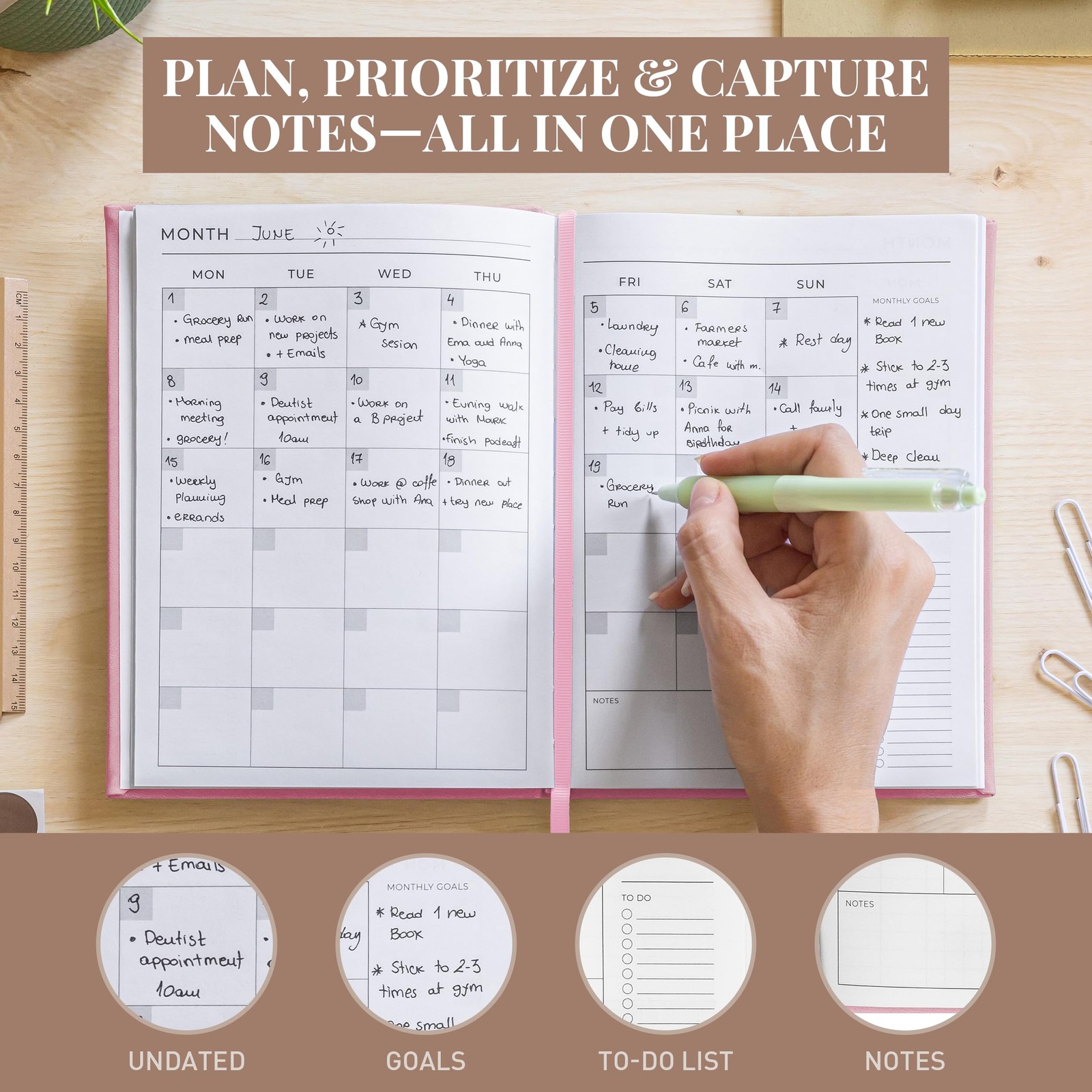 Rileys & Co Undated Daily Planner 8 x 6 in, Day Schedule 8 x 6 inches, Pink