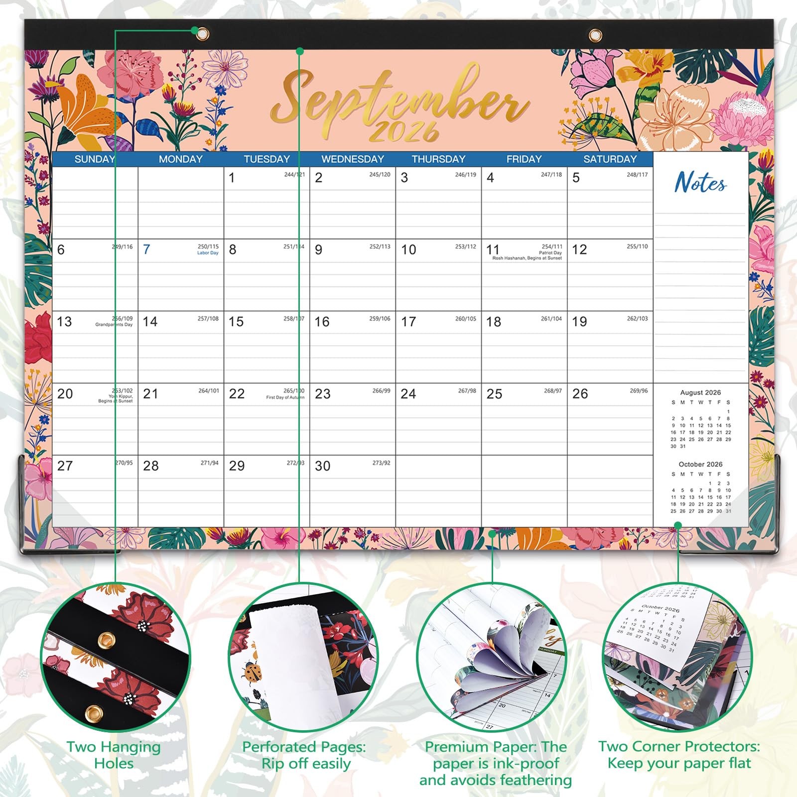 Desk Calendar 2026-2027 – Jul 2026 – Dec 17” x 12” – Flowers, Multicolor