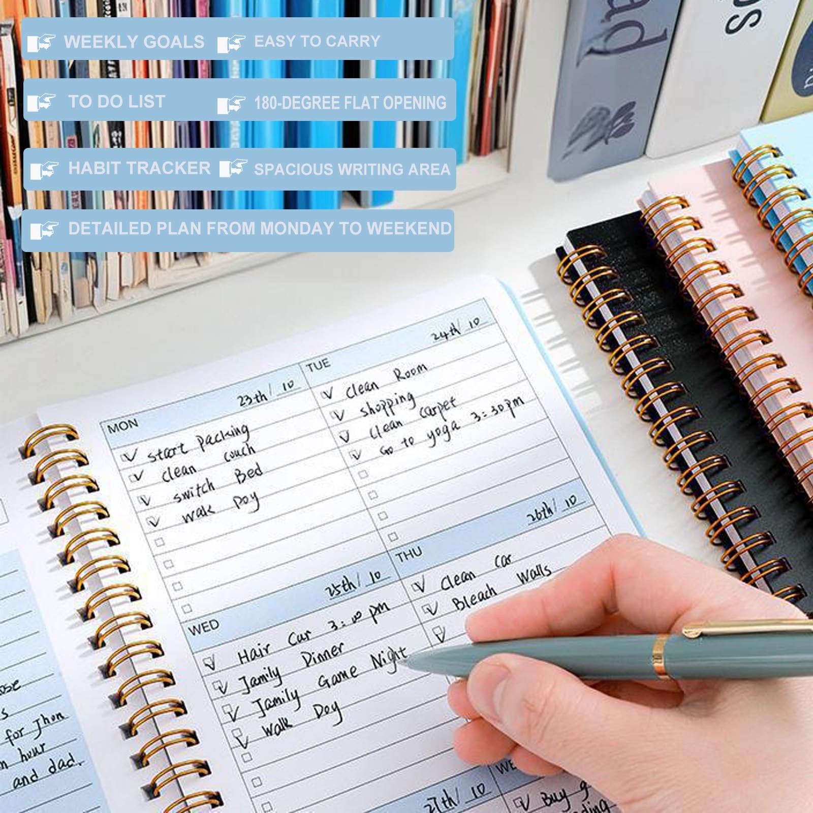 Undated Weekly Planner with Goal & Habit Tracker Notebook, Small Light Blue