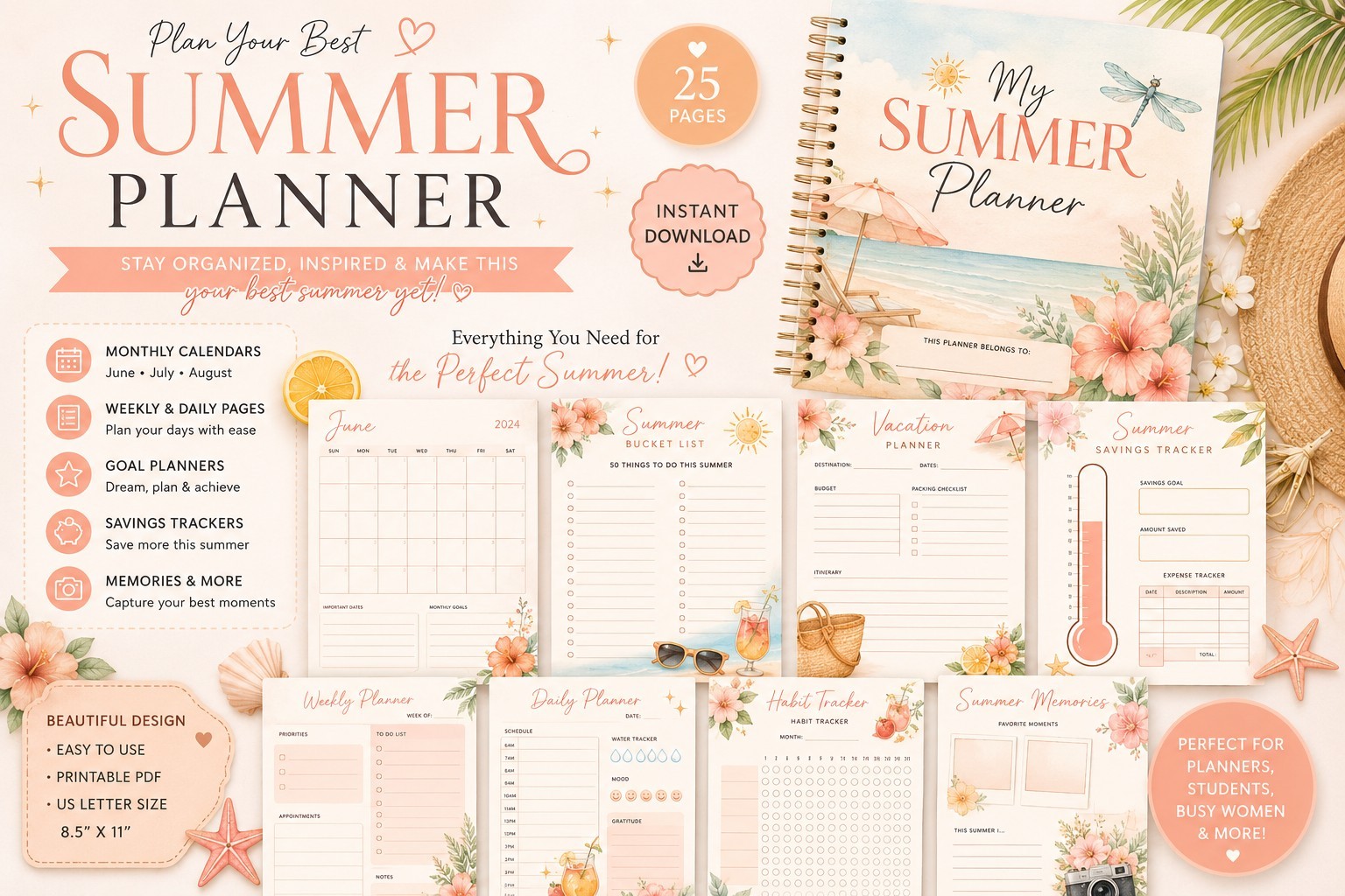 PagesPeachyCo Summer Planner 2024 US Letter Printable PDF Weekly/Daily 25pg
