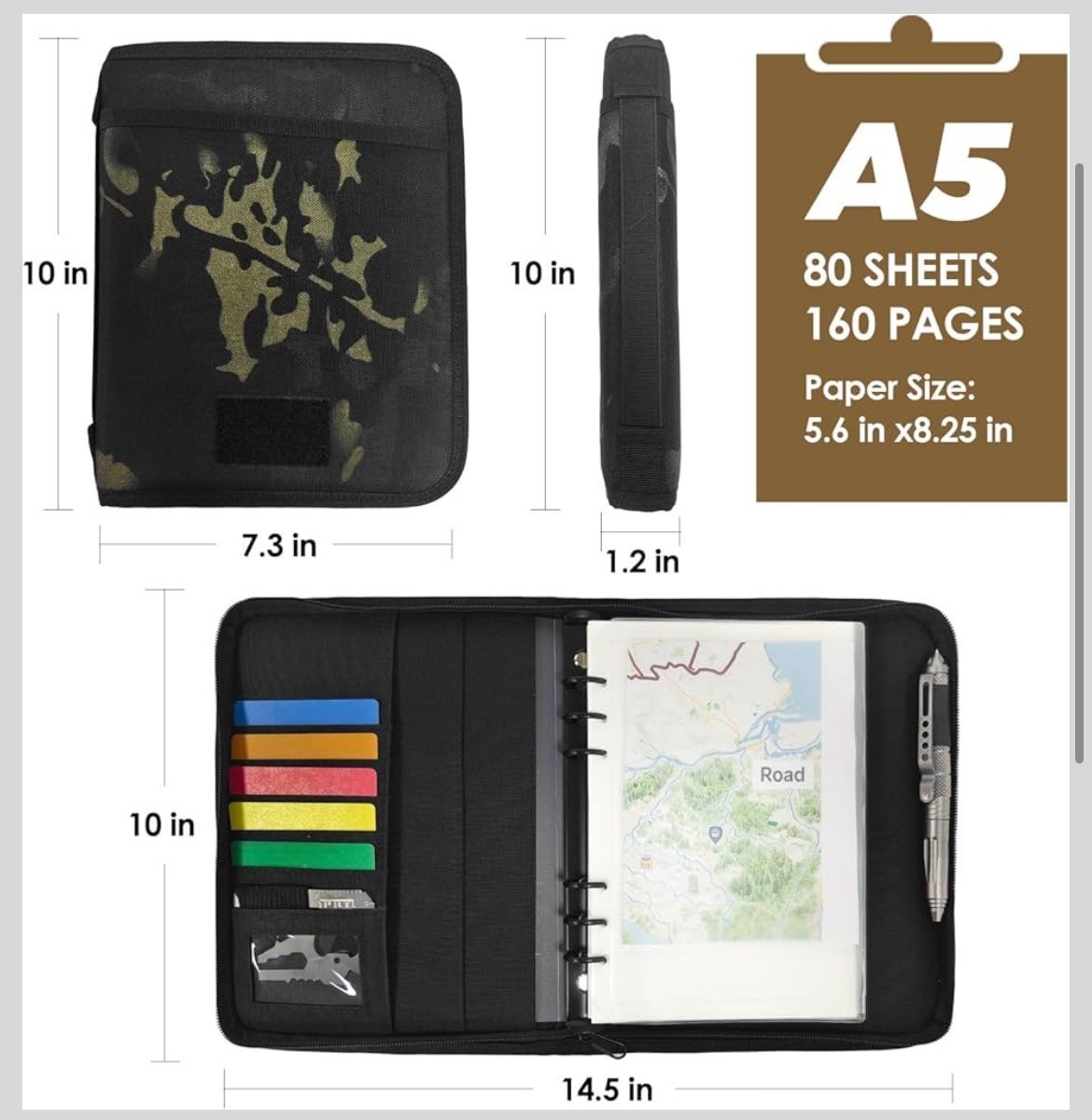 All-In-One Tactical Notebook Padfolio Detachable A5 6-Ring Binder Black Camo