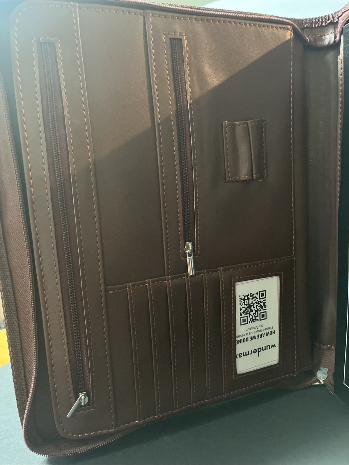 Wundermax Vegan Leather Portfolio Zipper Padfolio Organizer Notepad Tablet Brown