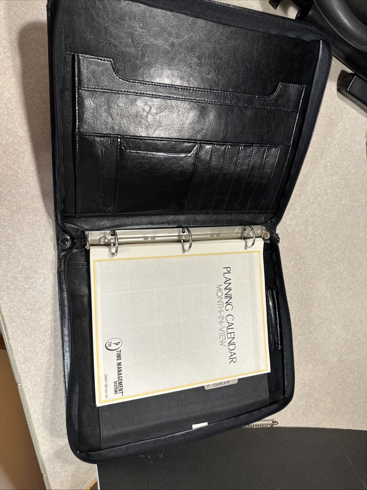 Vintage 1994 90s Black LEATHER 3 RING BINDER/NOTE BOOK Organizer Briefcase