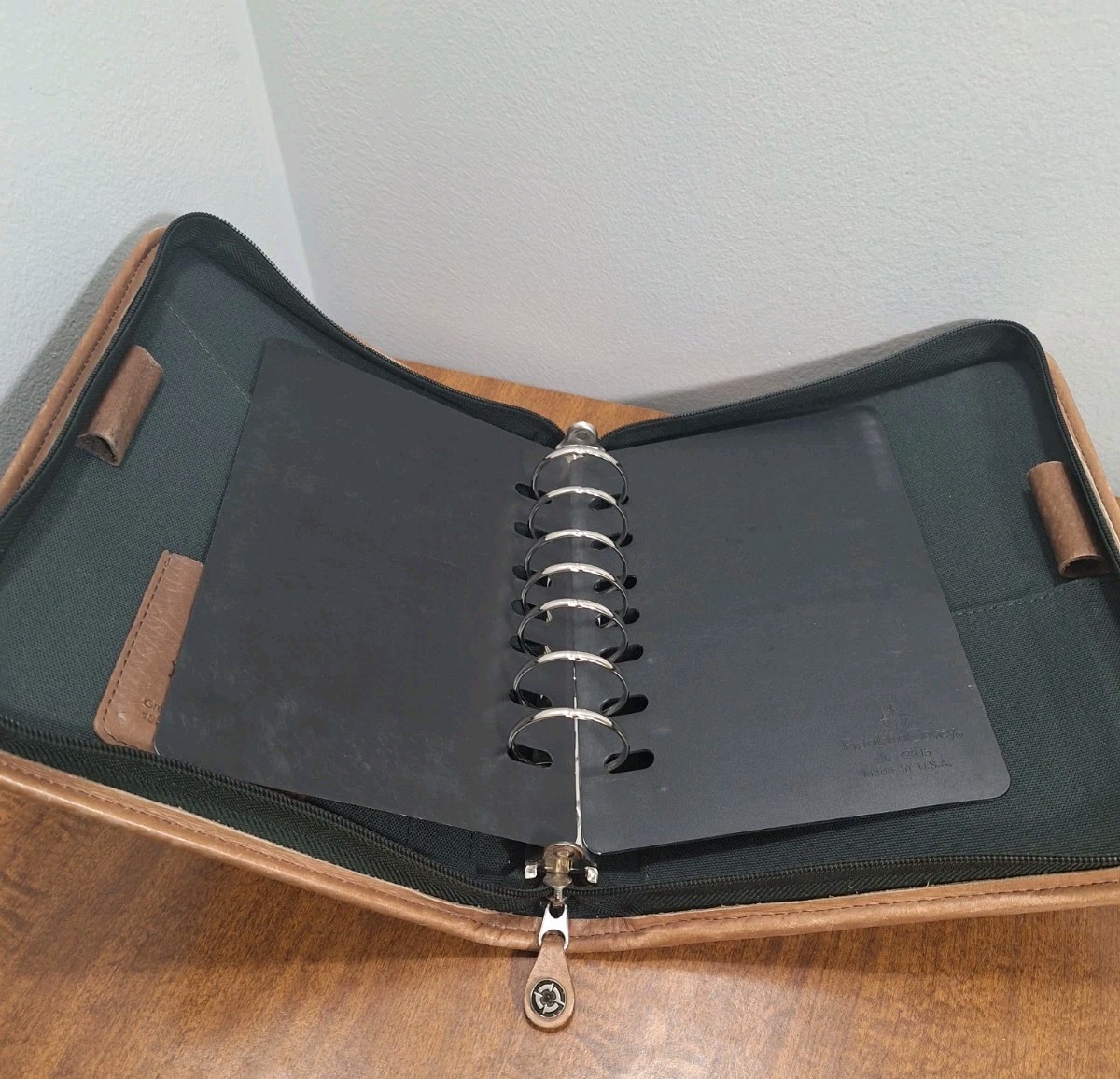 Vtg Franklin Covey Planner Dark Green Canvas Tan Leather Trim 8×10 Zip Closure