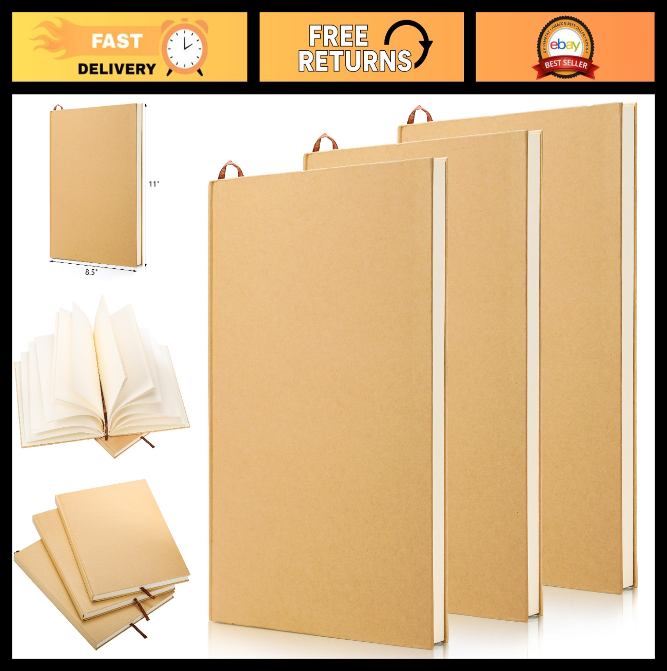3-Pack 8.5″x11″ Hardcover Sketchbooks, Unlined Blank Journals, 120 Sheets, Art S