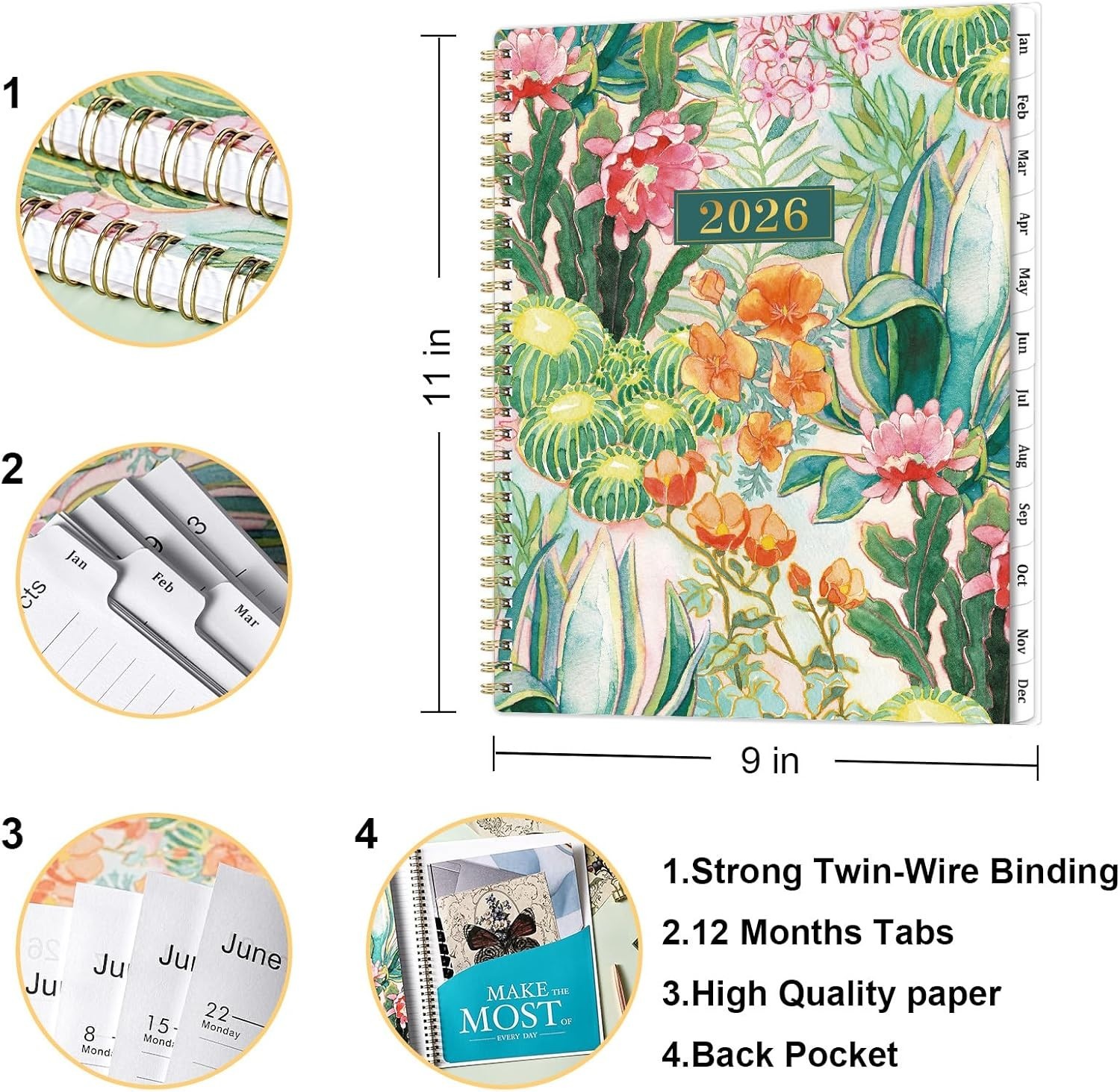2026 Stylish Weekly & Monthly Planner – 9″ x 11″ with Durable Twin-Wire Binding