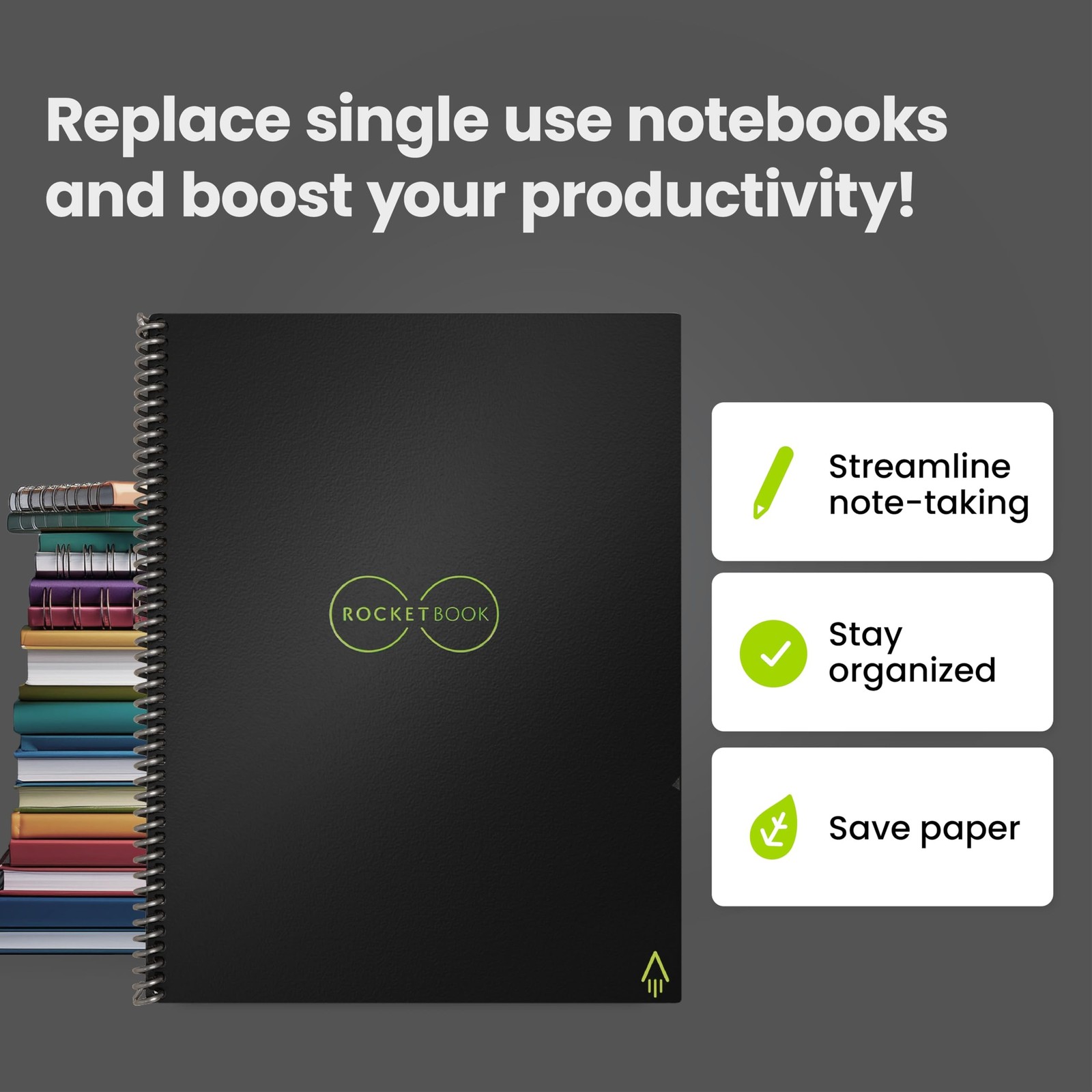 Rocketbook Core Reusable Spiral Notebook, Letter Size 8.5×11, Black – Dotted …