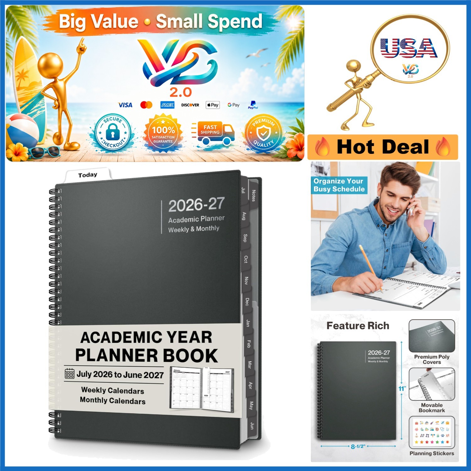 Planner 2026-2027 8.5×11 Weekly & Monthly Calendar Charcoal Gray Spiral Bound