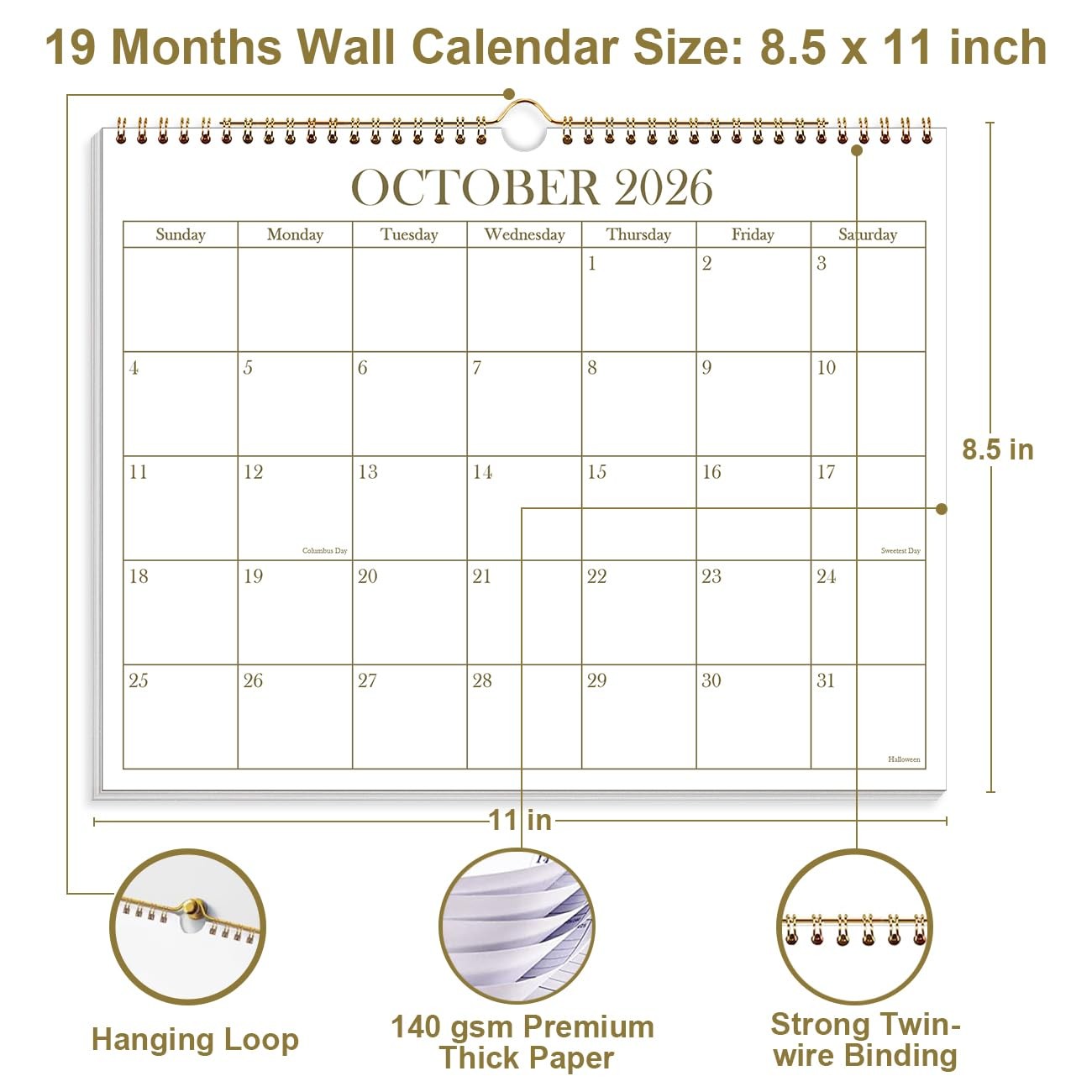 2026-2027 Calendar – Wall from June 8.5″ x 11″, Golden