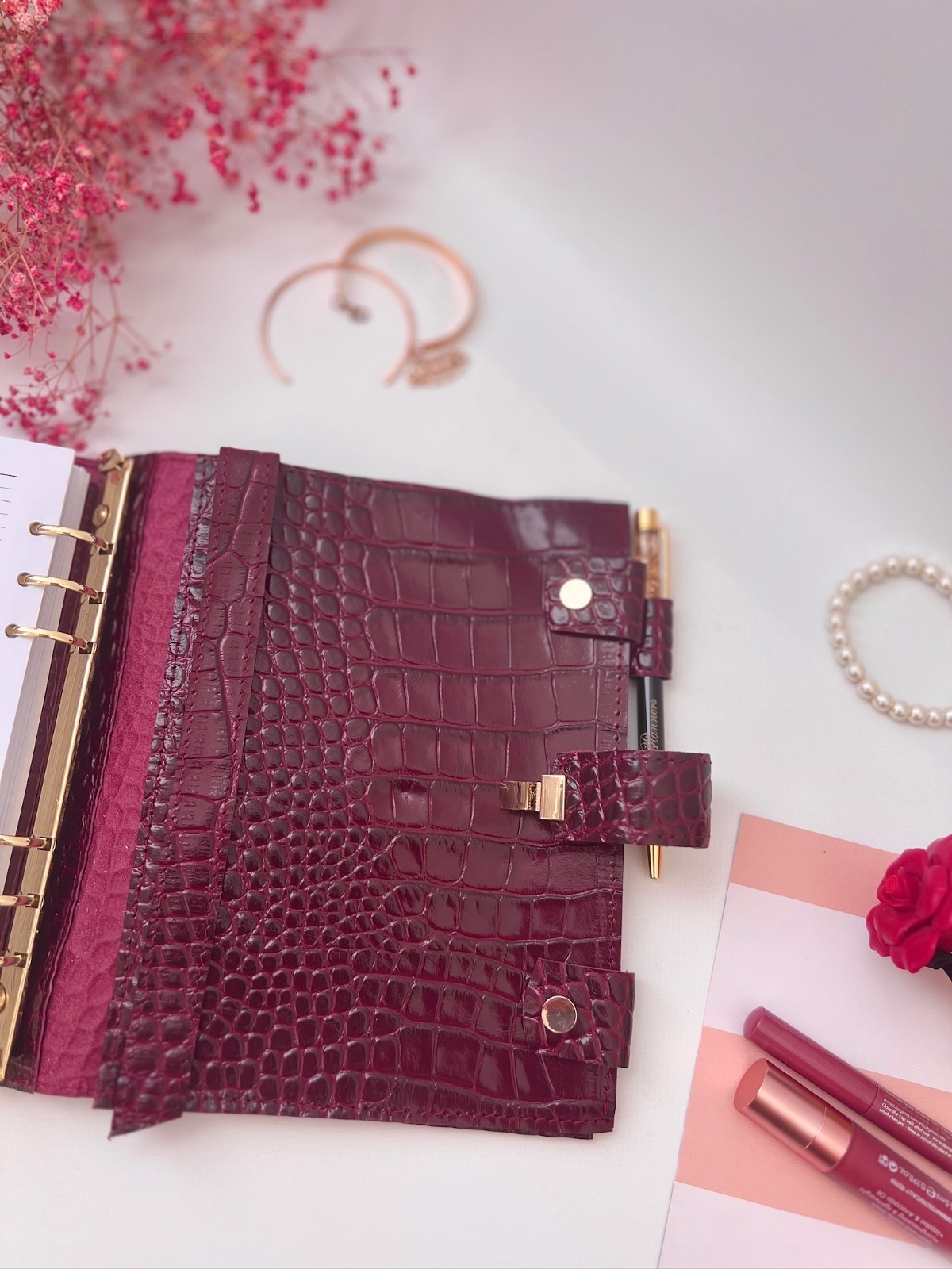 Burgundy Leather notebook cover A5 big binder 6 rings. Dated 2026 Planner.