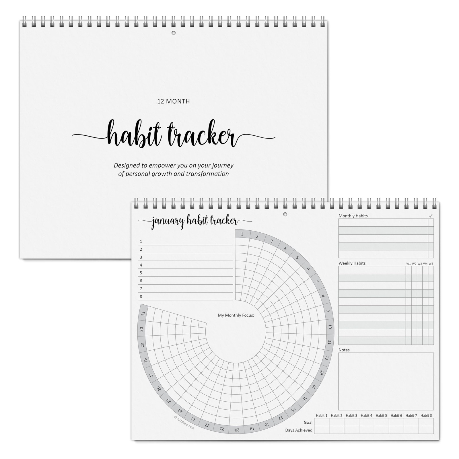 321Done Habit Tracker Calendar Pad, 8.5×11 Monthly, Made in 8.5″ x 11″, Wheel