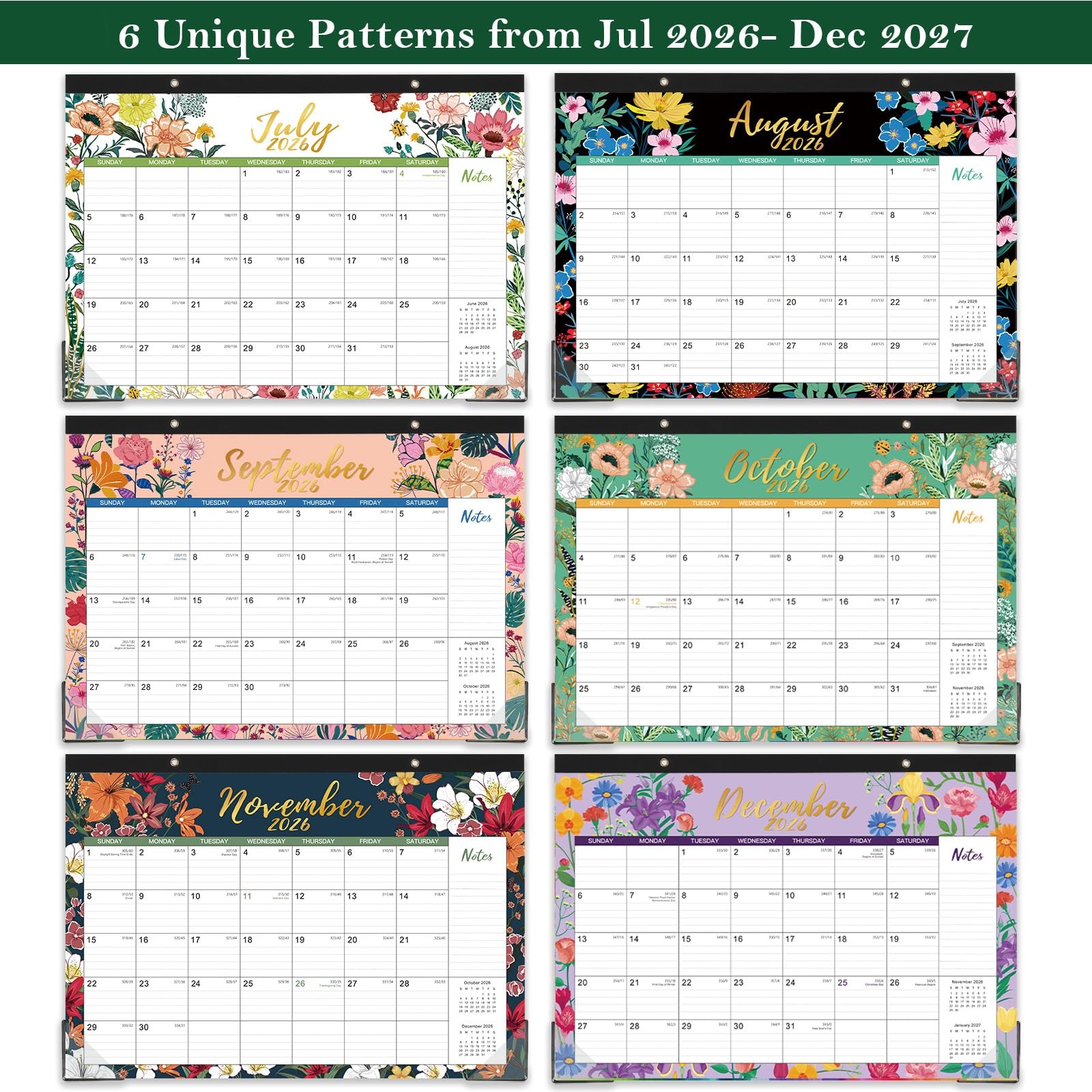 Desk Calendar 2026-2027 – Jul 2026 – Dec 17” x 12” – Flowers, Multicolor