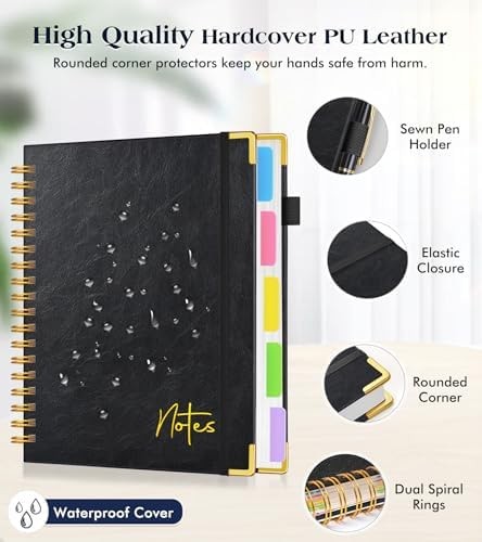 Spiral Notebook Journal with Removable Dividers Tabs, 300 Pages Hardcover Lea…