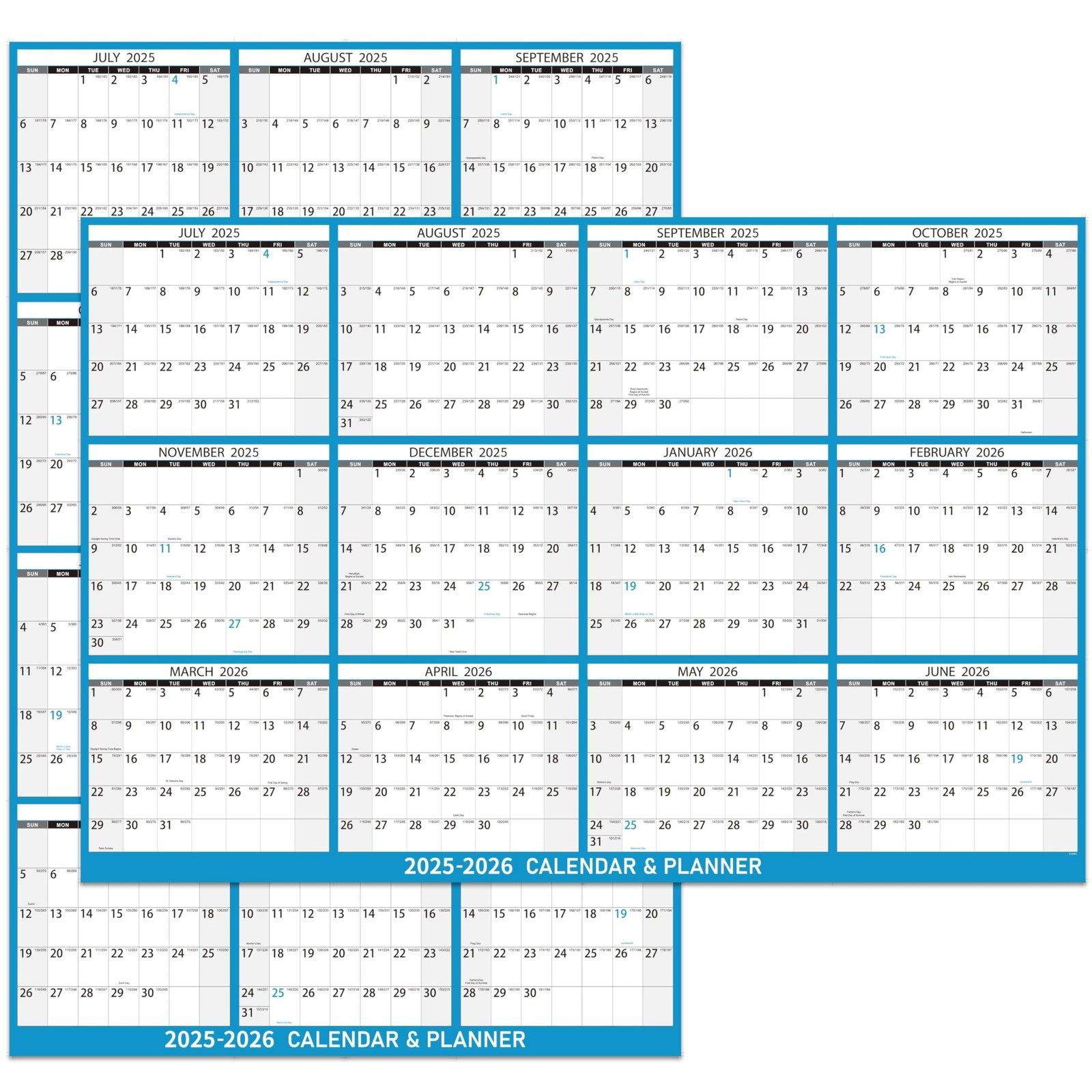 2025-2026 Yearly Wall Calendar – Large Dry Erase for Blue-25-26