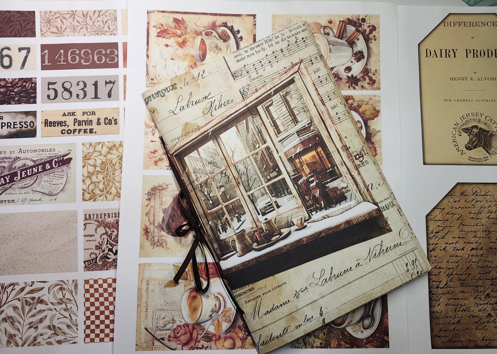 Junk Journal Booklet “COFFEE TIME 2″ HANDMADE Cards, Pockets, LG 5.5″X8.5” 40pg