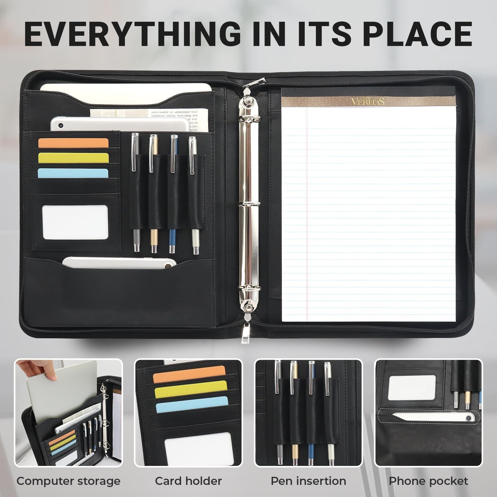 Faux Leather Padfolio Organizer with 3 Ring Binder, Fits 13.9″ Laptop, Refillabl